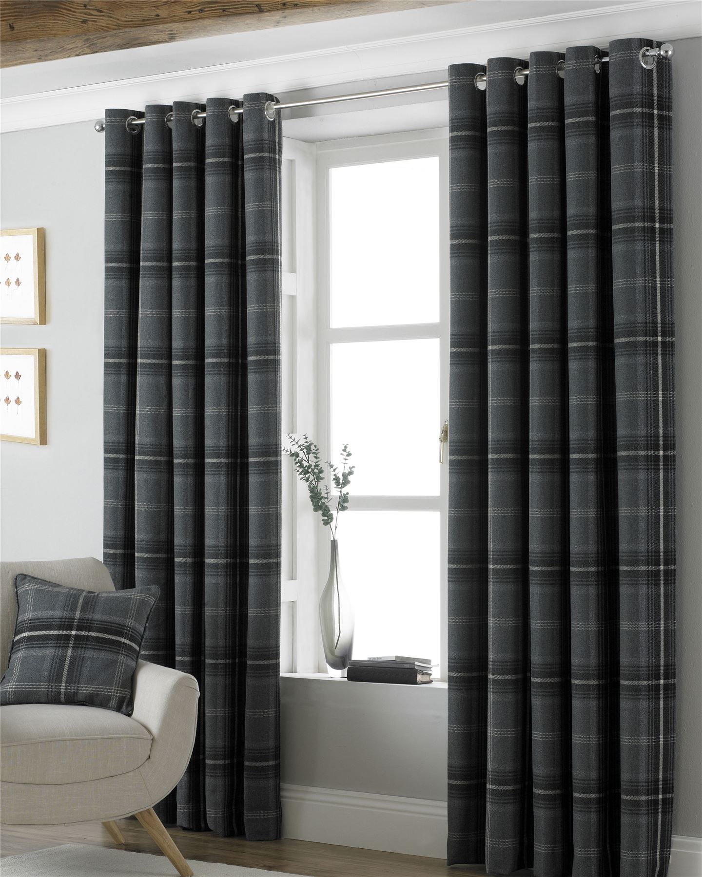 TARTAN CHECK WOVEN WOOL LOOK GREY LINED RING TOP CURTAINS *7 SIZES* eBay