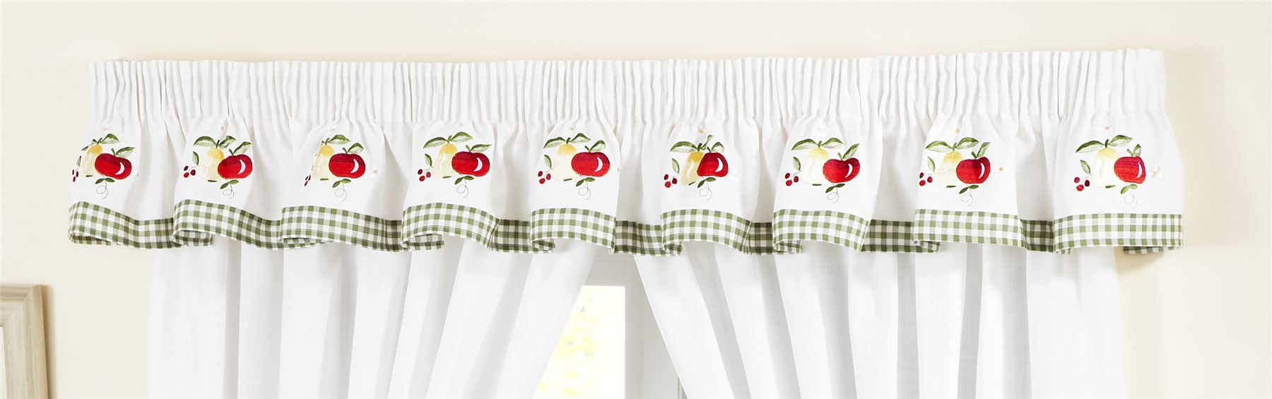 Apples Pears Green Red Gingham Pelmet To Match Kitchen Curtains