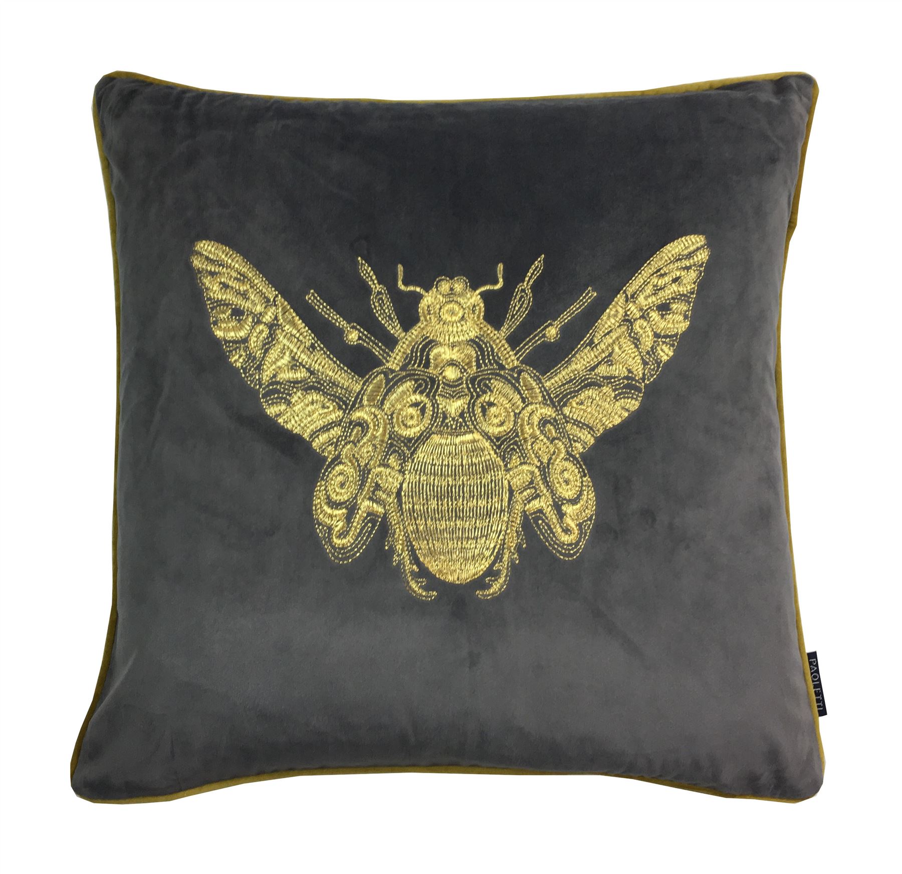 EMBROIDERED BUMBLE BEE CHARCOAL GOLD VELVET PIPED 20†- 50CM CUSHION