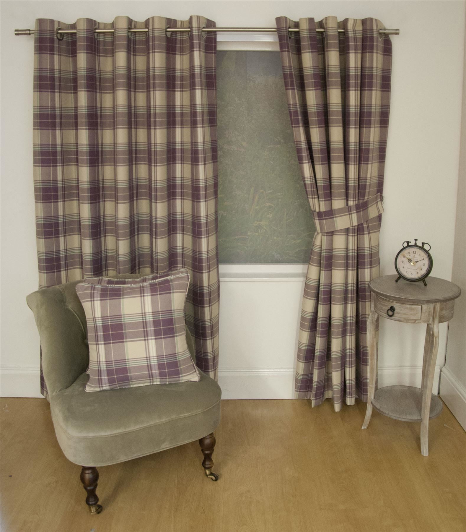 Jacquard Tartan Check Brown Lined Ring Top Curtains Drapes 9