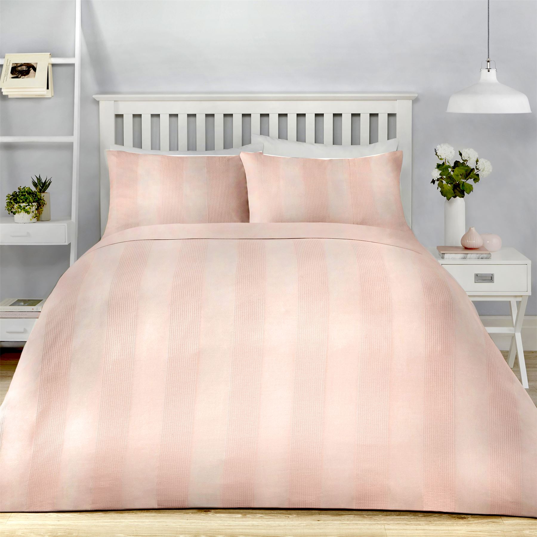 VERTICAL WAFFLE STRIPES BLUSH PINK COTTON BLEND DOUBLE DUVET COVER eBay