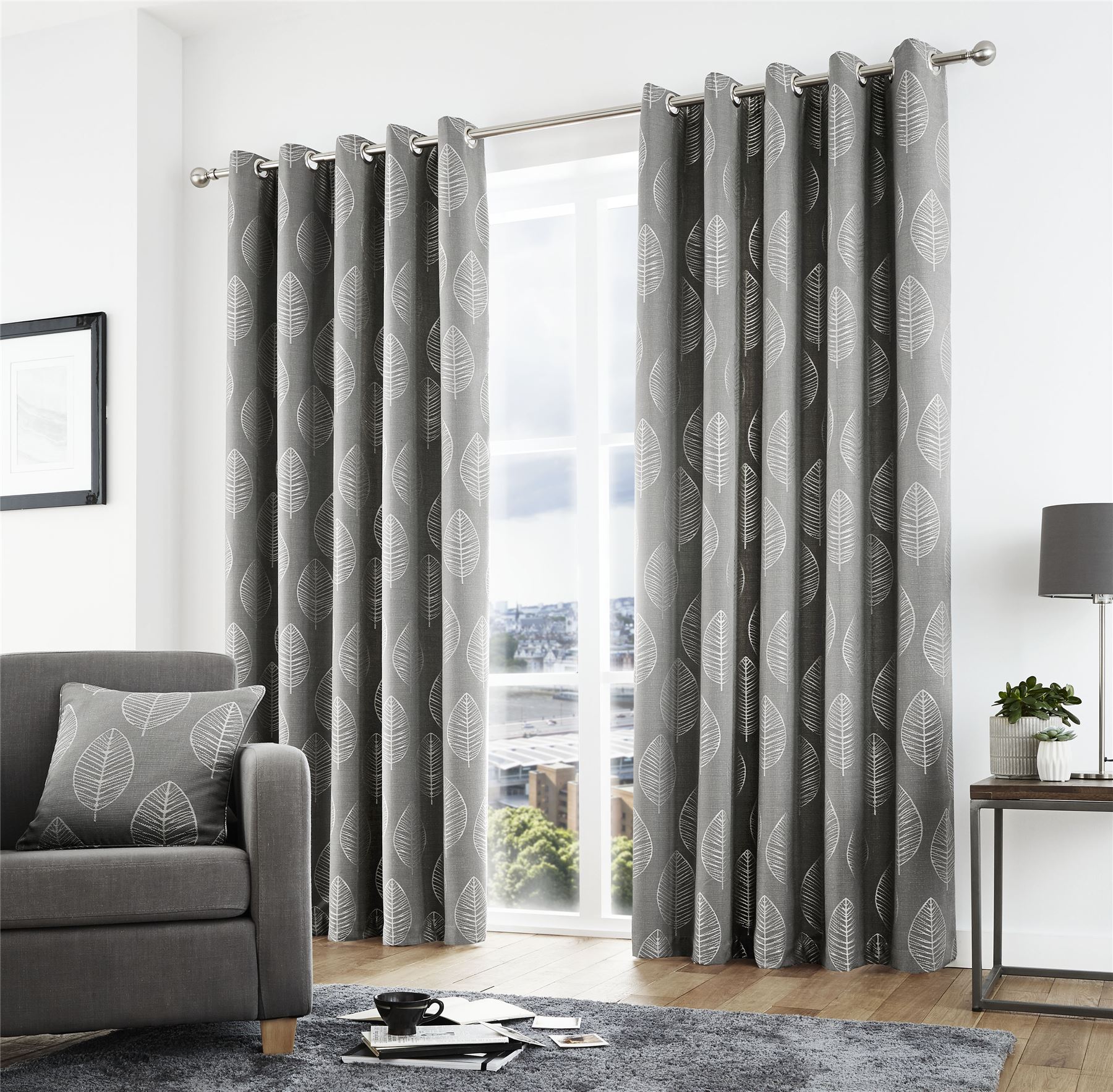 JACQUARD Skandi Foglie Grigio argentoo completamente foderato Tende ad ad ad Anelli dimensioni 7 364bd6 JACQUARD Skandi Foglie Grigio argentoo completamente foderato Tende ad ad ad Anelli dimensioni 7 364bd6