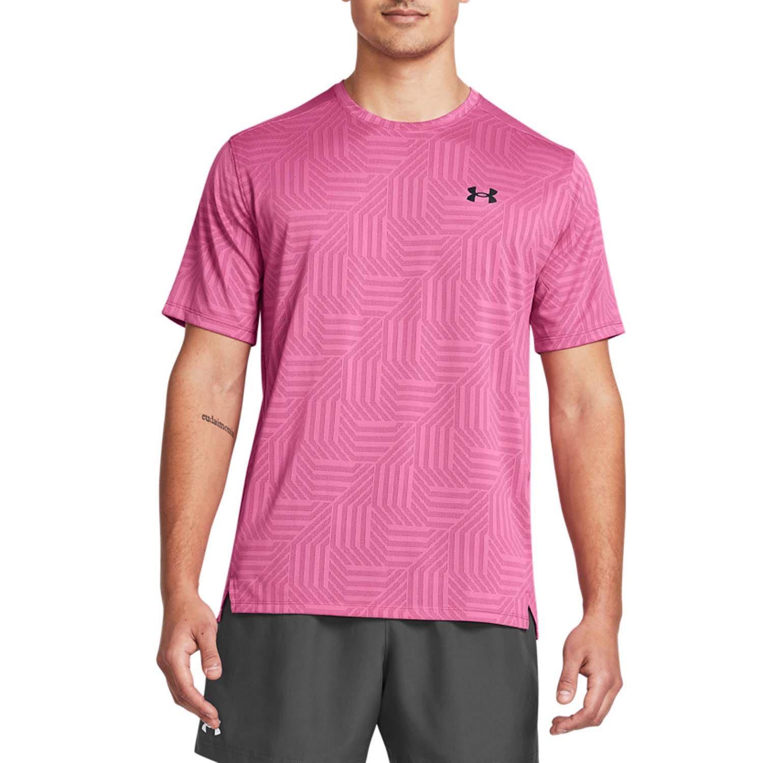 Men's Under Armour Tech Vent Geotessa Short Sleeve T-Shirts in Pink and Orange - Picture 7 of 10