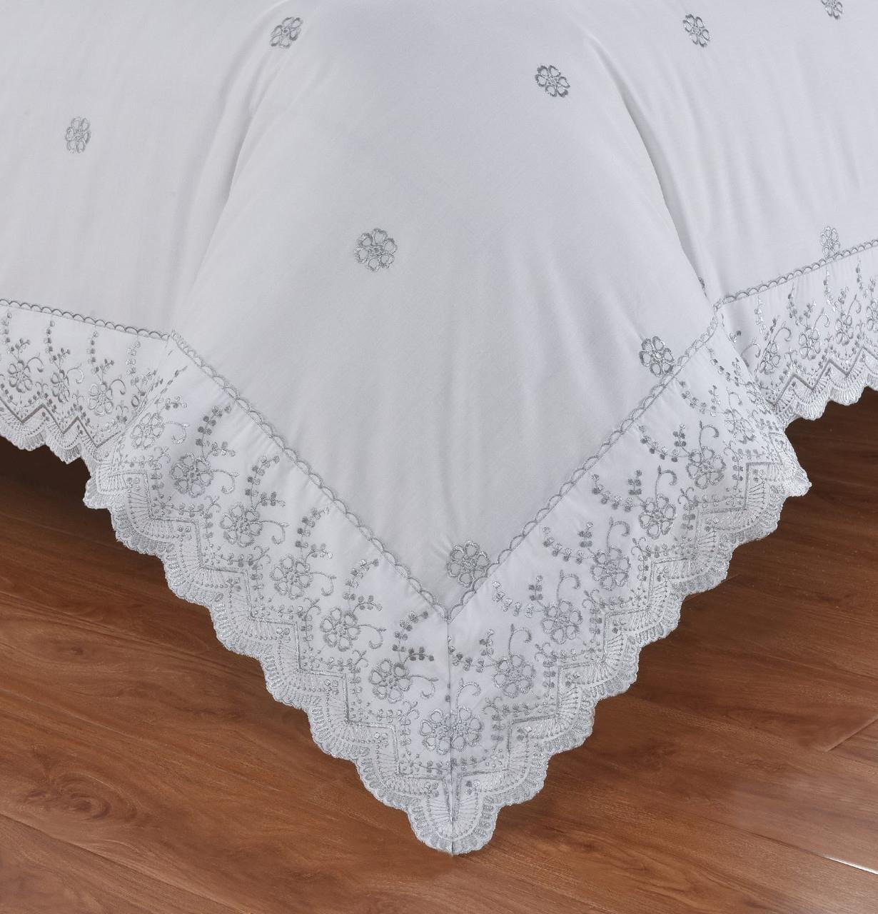 Gabrielle Lace Floral Embroidery Duvet Quilt Cover Set Bed Linen Silver/Grey - Picture 3 of 7
