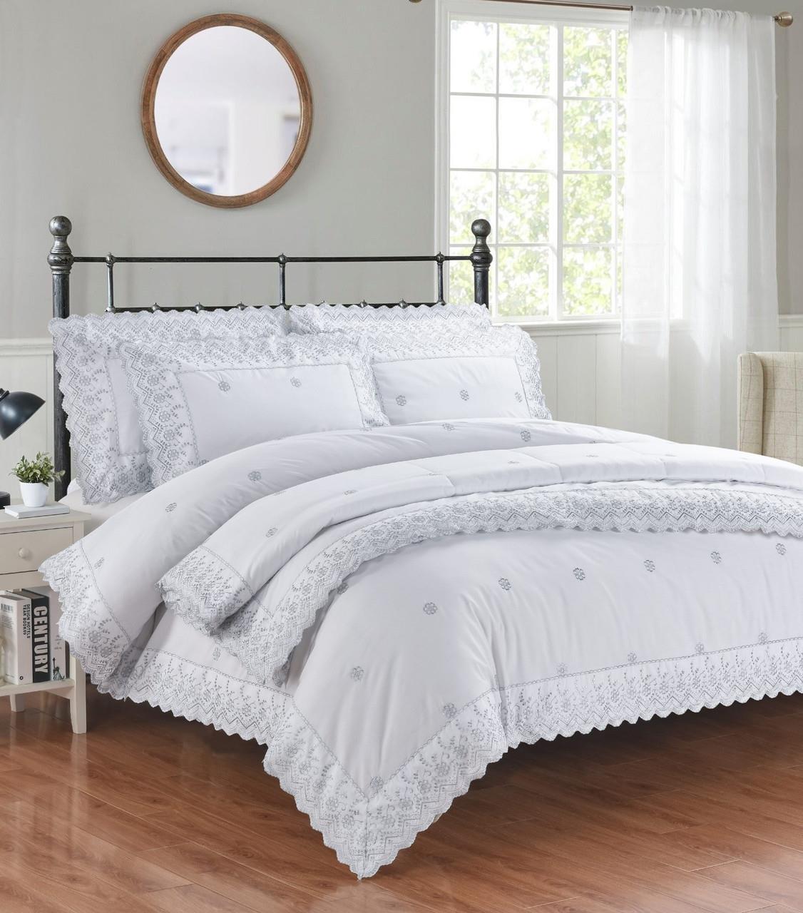 Gabrielle Lace Floral Embroidery Duvet Quilt Cover Set Bed Linen Silver/Grey - Picture 4 of 7