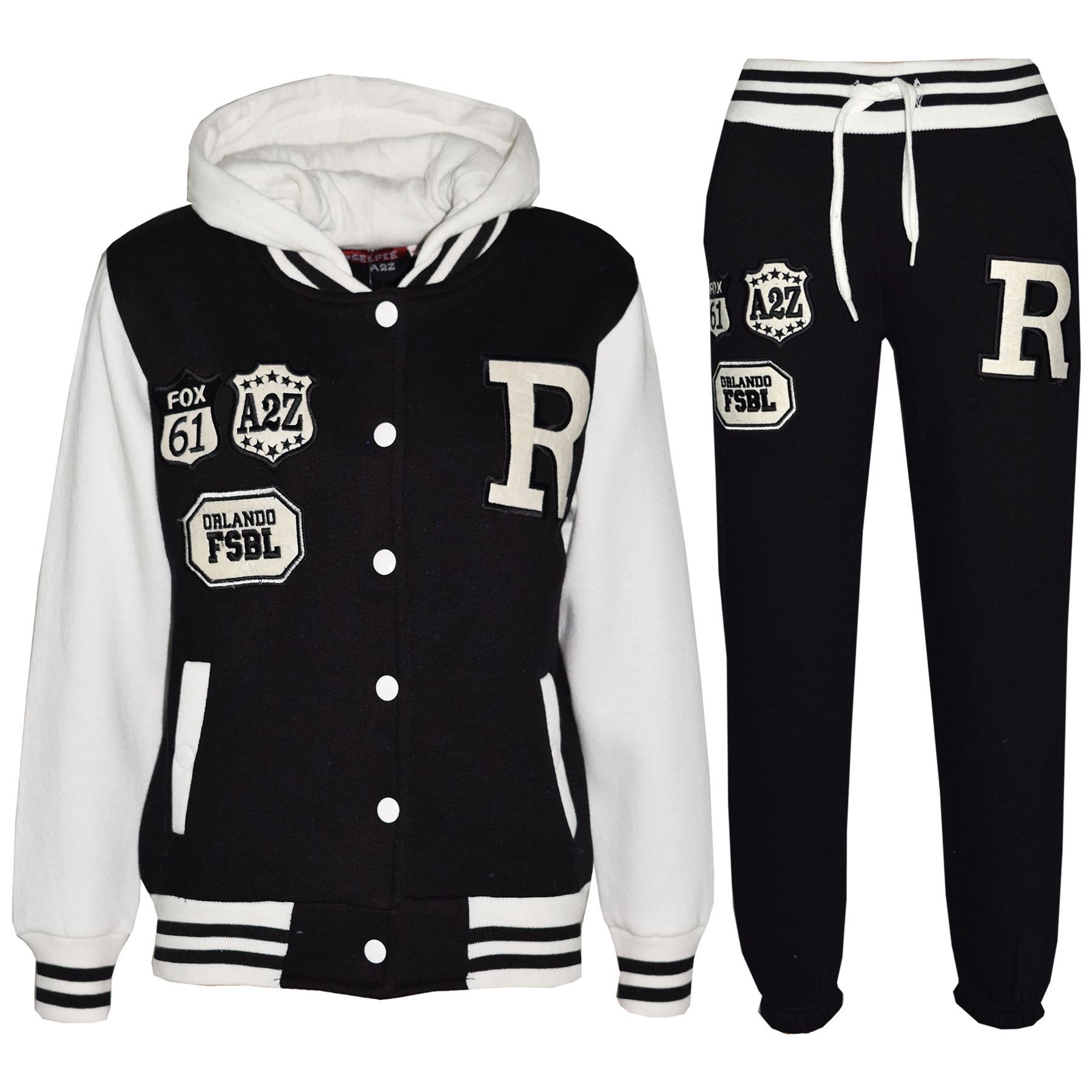 Kids Baseball Tracksuit Hooded Jacket With Joggers R Fashion FOX Varsity Style - Picture 4 of 55