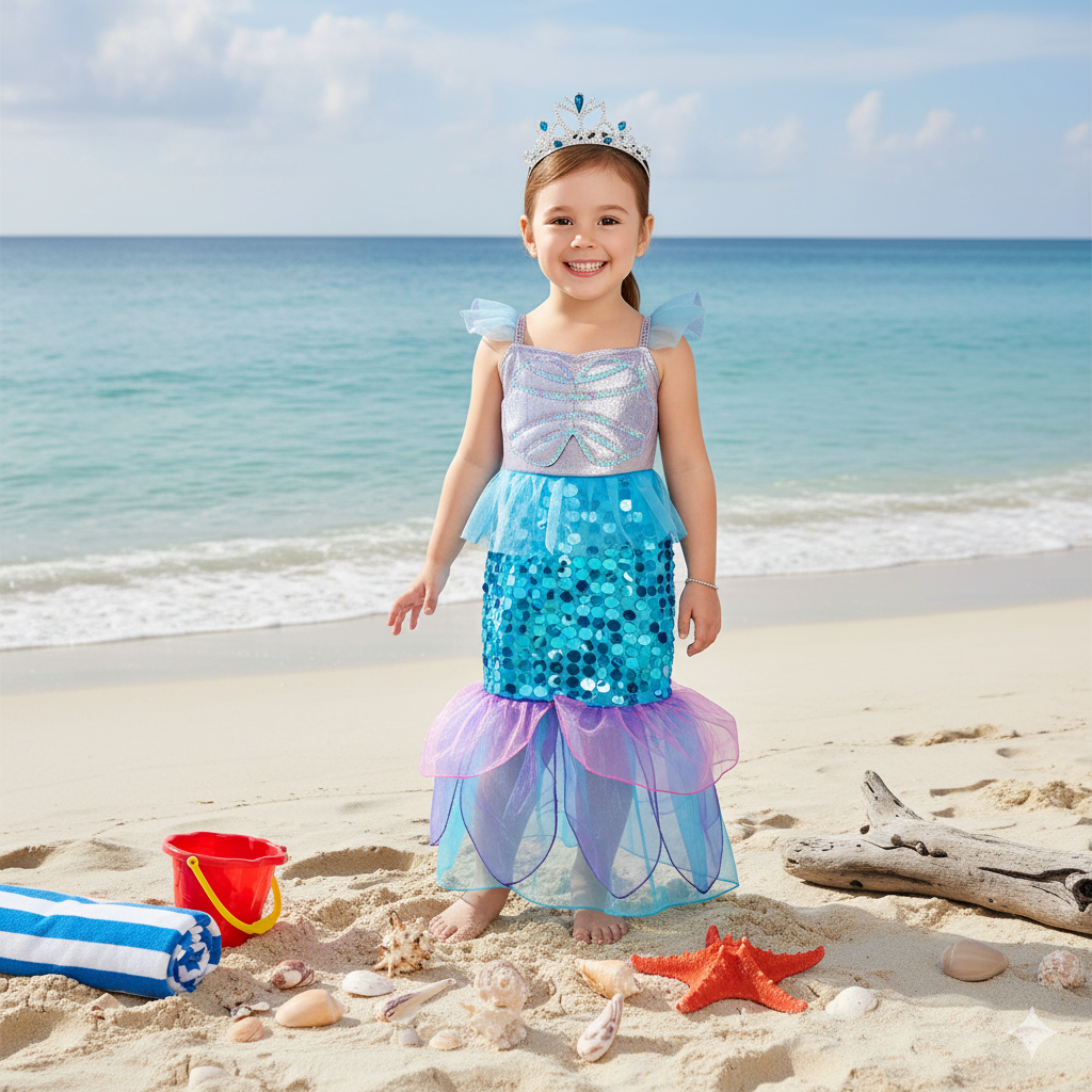 A2Z 4 Kids Girls Mermaid Halloween Costume Dress with Crown Kid Sparkly Sequin - Picture 6 of 8