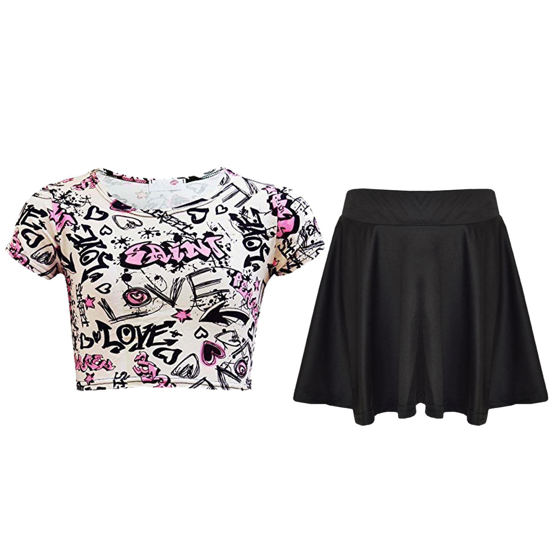 Kids Girls Love Comic Graffiti Print Legging Skater Midi Dress Crop Top Skirt - Picture 3 of 14