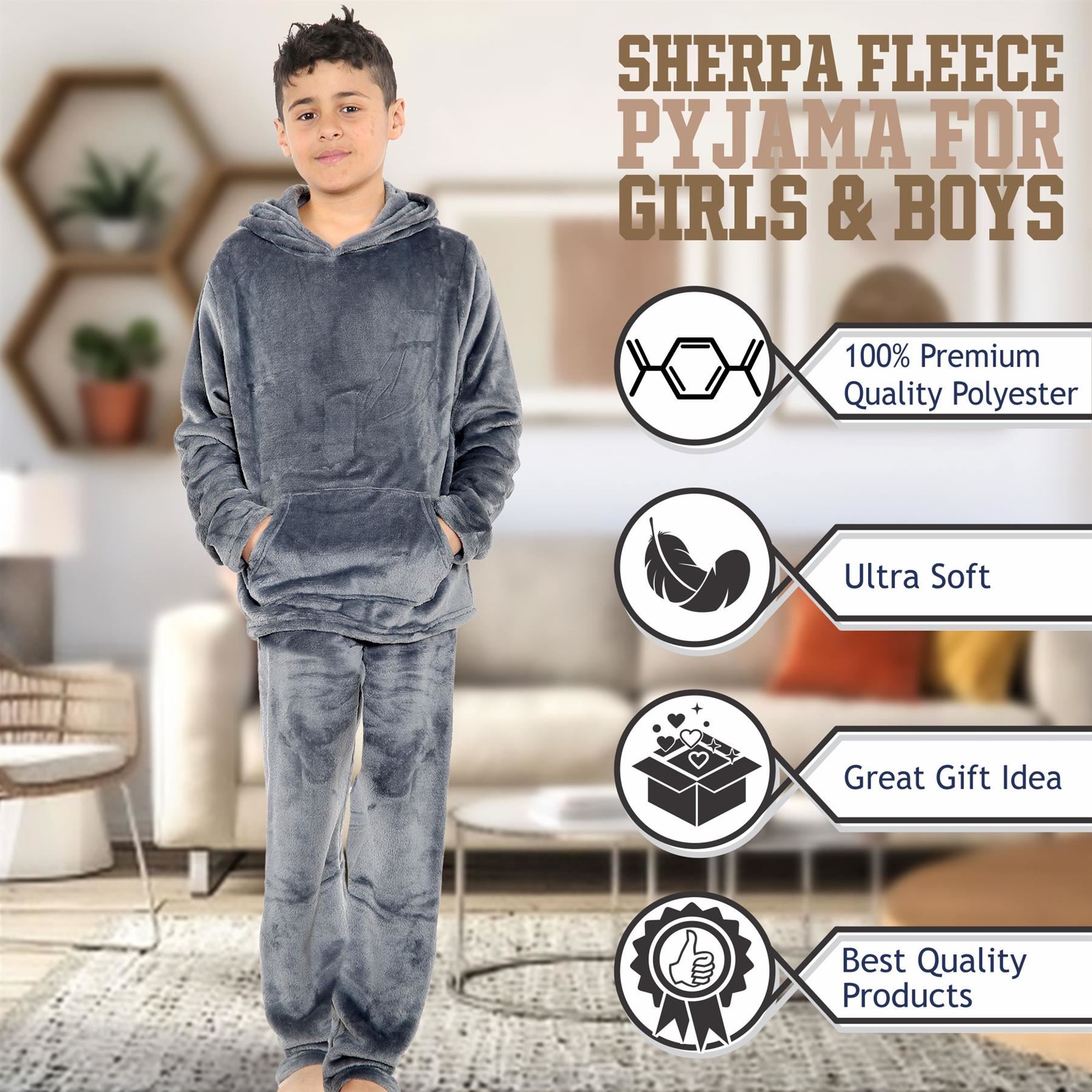 Kids Warm Fleece Hooded Pyjamas For Girls & Boys Sleepover 2 Piece Gift Set - Picture 13 of 31