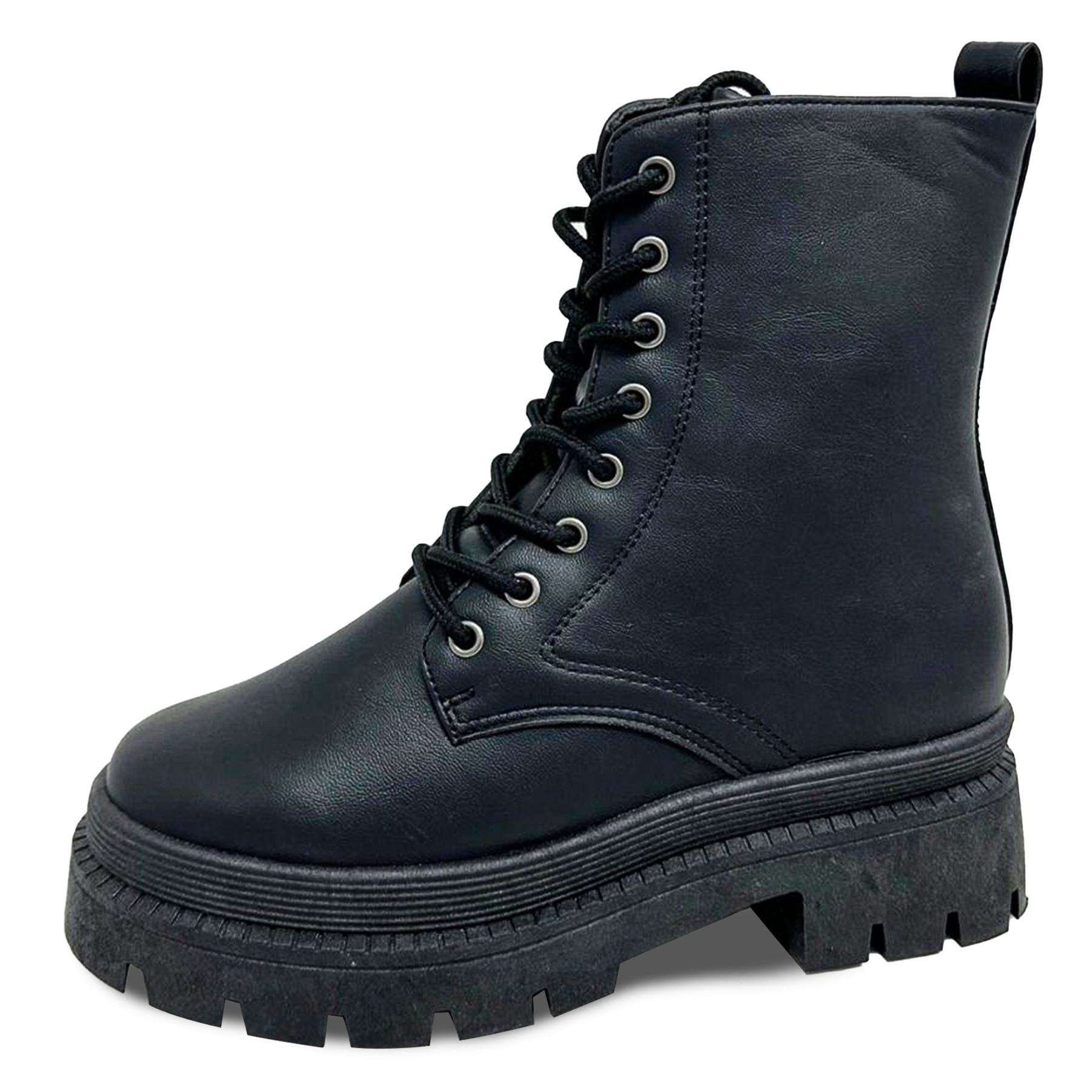 A2Z Damen Schnürstiefel klobig Kampfstiefel stilvoll schwarz PU Knöchelschuhe - Bild 2 von 8