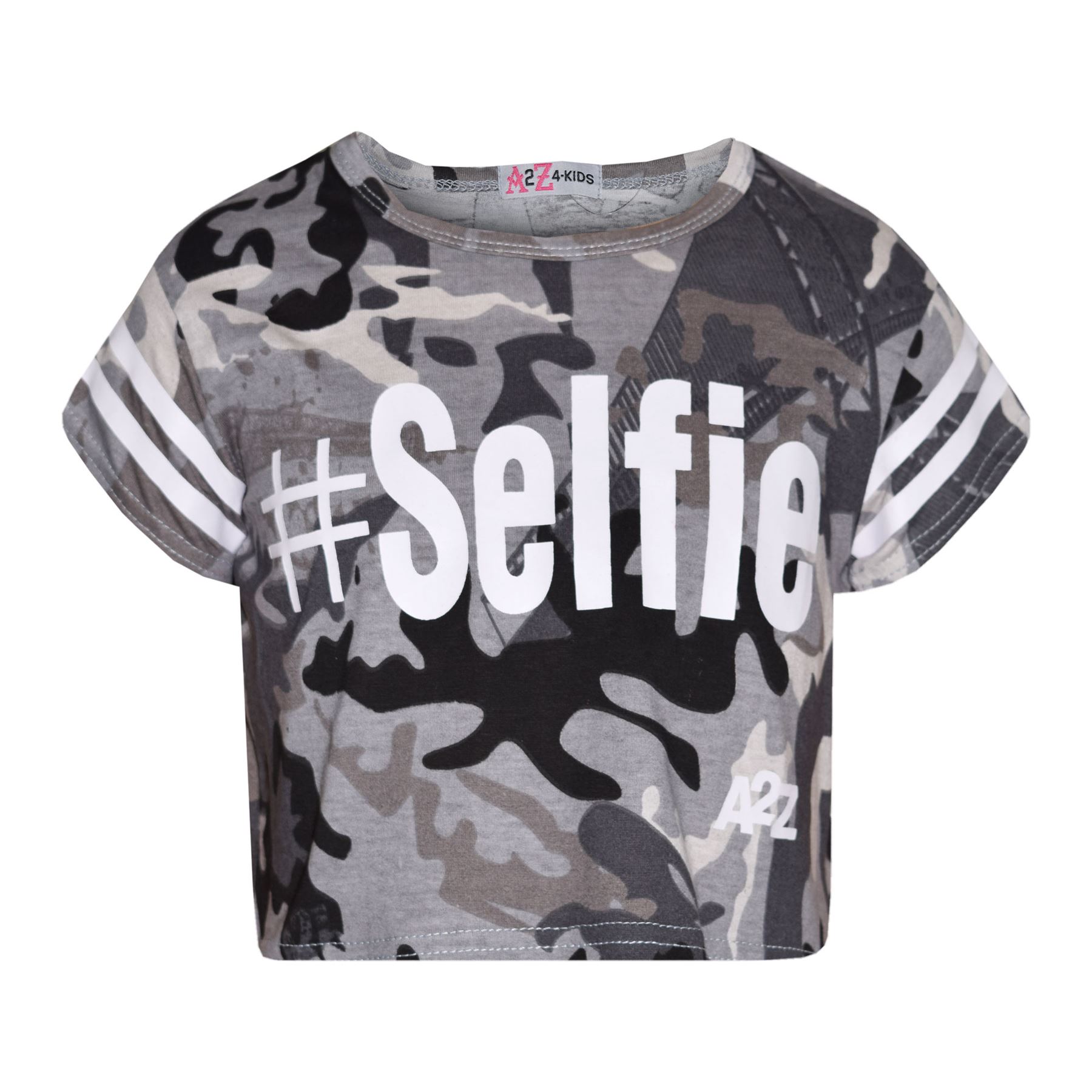 Girls Tops Kids Designer's #Selfie Camouflage Crop Top & Skater Skirt Set 5-13Yr - Picture 20 of 34