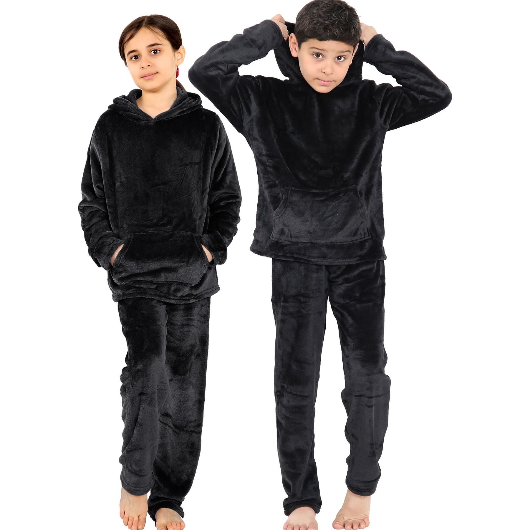 Kids Warm Fleece Hooded Pyjamas For Girls & Boys Sleepover 2 Piece Gift Set - Picture 3 of 31