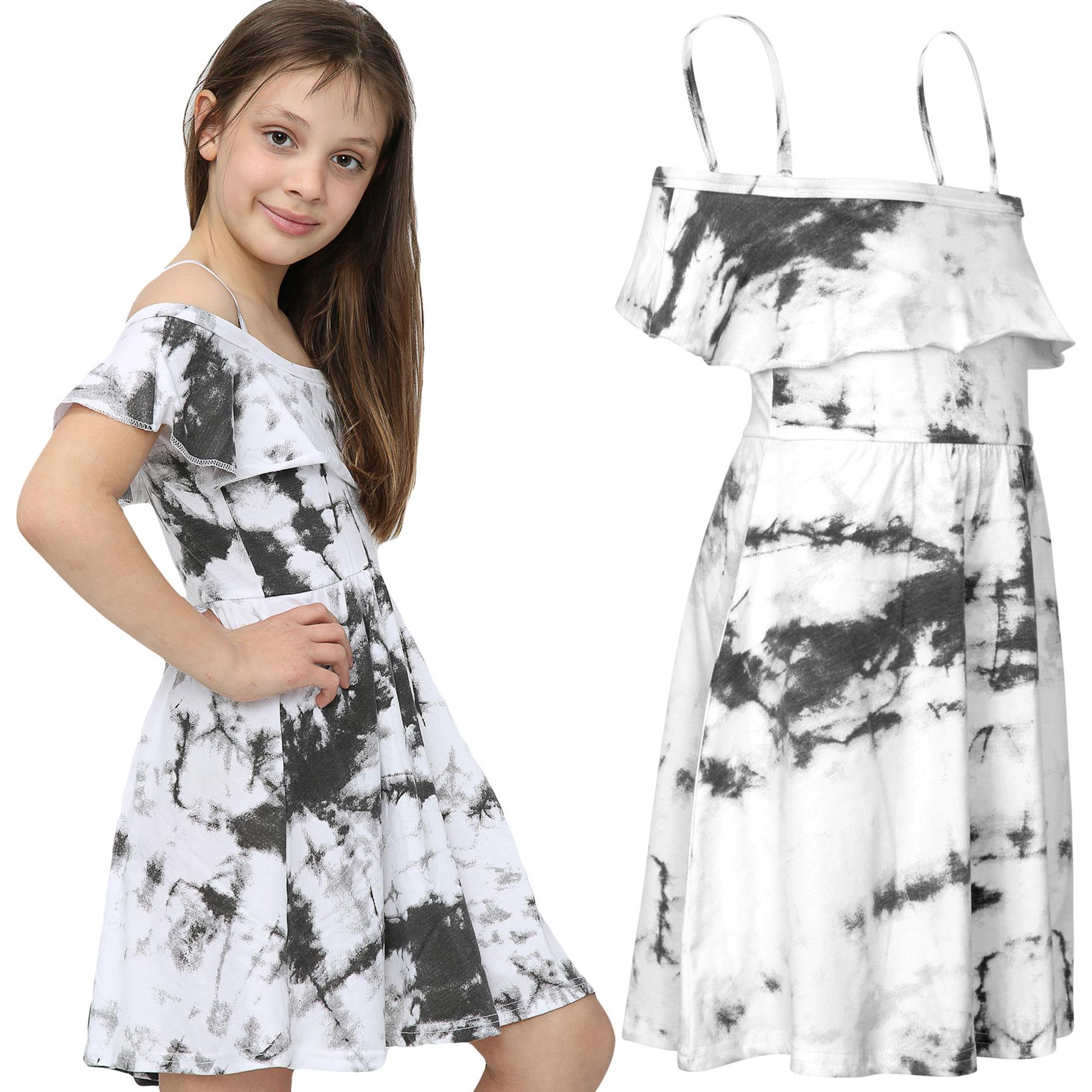 Girls Skater Dress Kids Plain Color Summer Party Off Shoulder Dresses 7-13 Yr - Picture 71 of 111