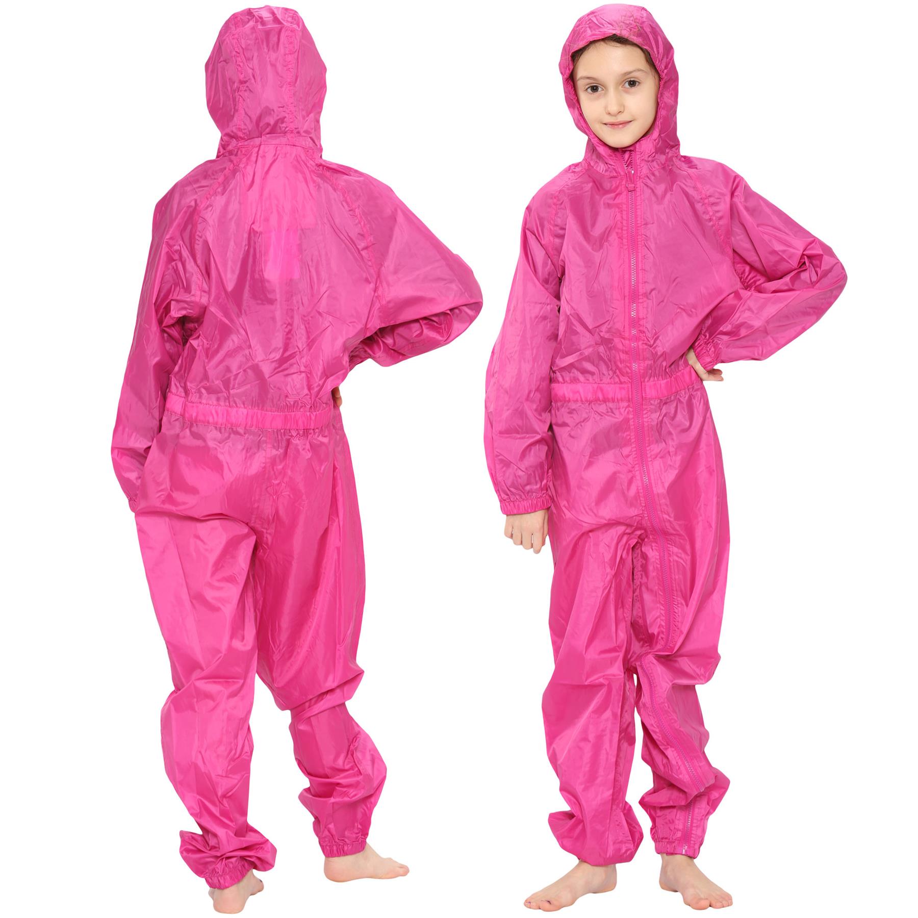 Girls Boys Raincoat Kids Pink Puddle Suit All in One Waterproof Hooded Rainsuit - Picture 7 of 8
