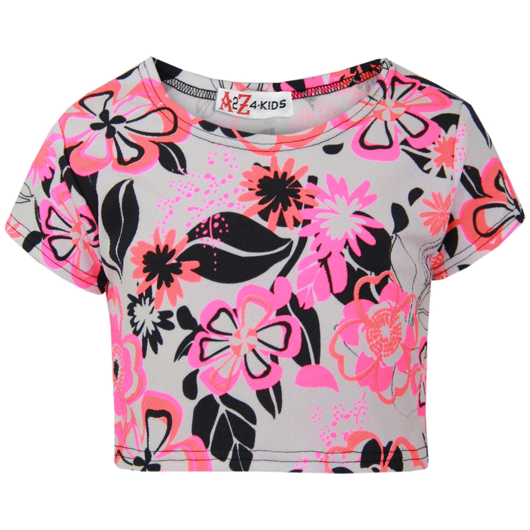 Kids Girls Crop Top & Shorts Neon Pink Floral Fashion Summer Outfit Short Sets - Picture 3 of 7