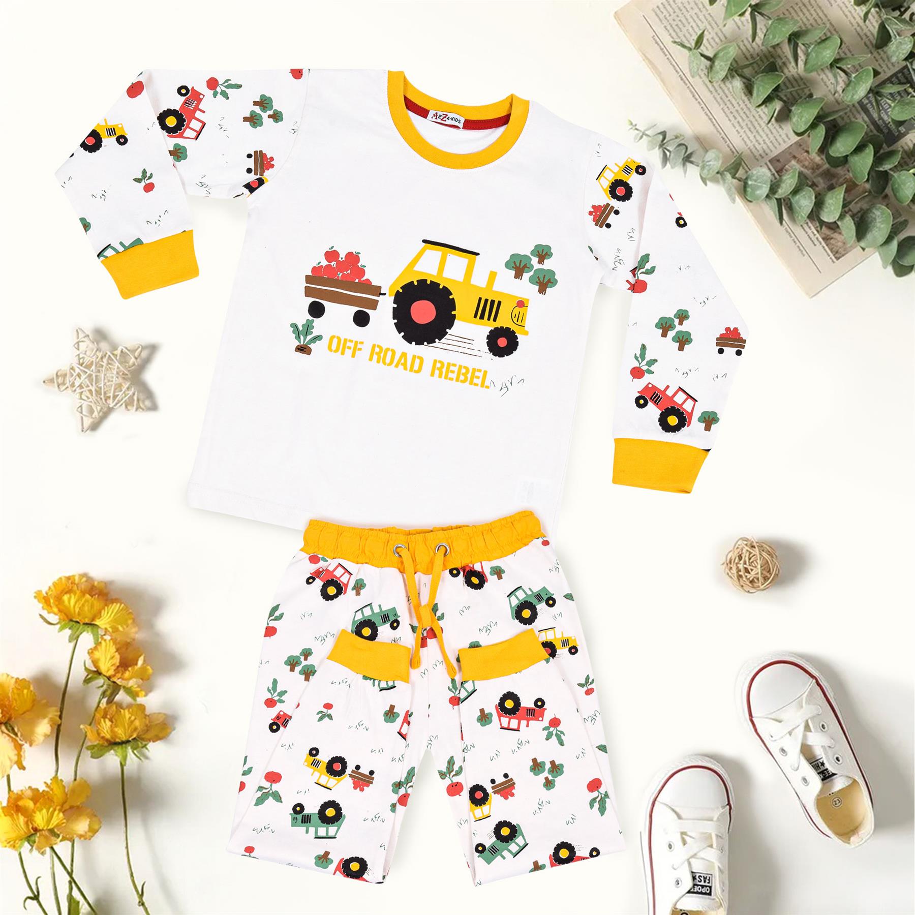 Kids Girls Boys Pyjamas Tractor Contrast Top Bottom Sleepwear Unisex Outfit Set - Picture 7 of 10
