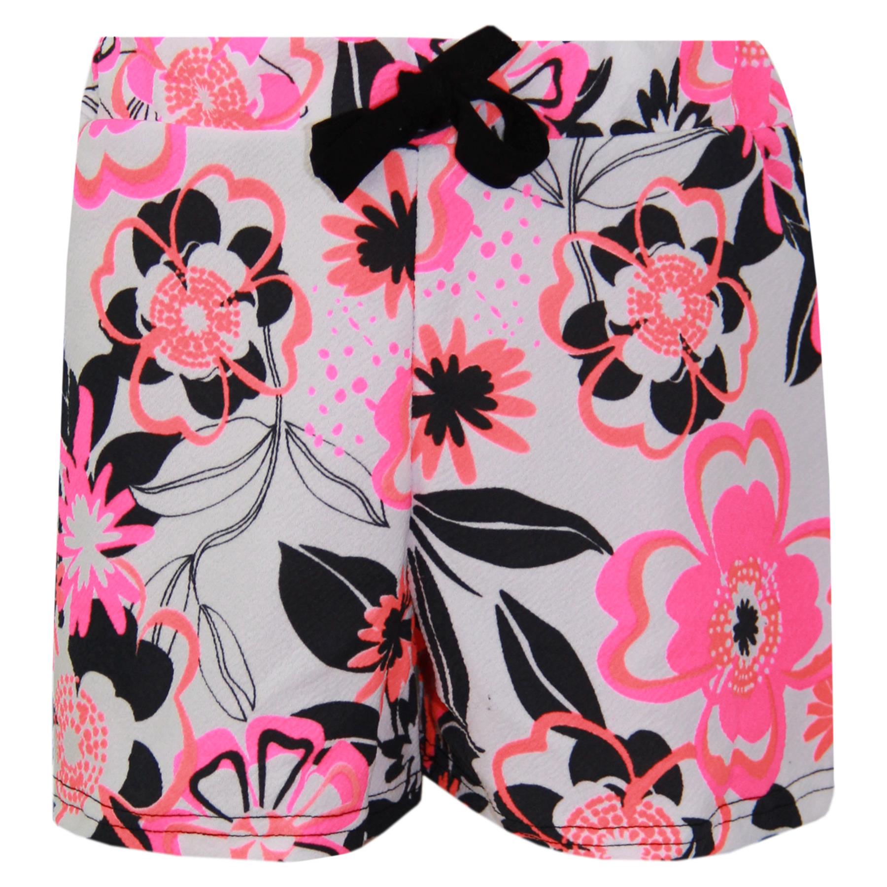Kids Girls Crop Top & Shorts Neon Pink Floral Fashion Summer Outfit Short Sets - Picture 4 of 7