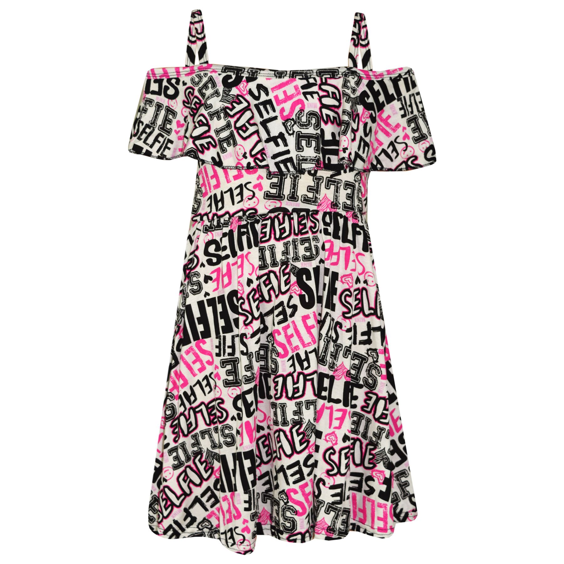 Girls Skater Dress Kids Selfie Graffiti Summer Party Off Shoulder Dresses 7-13Yr - Picture 3 of 4