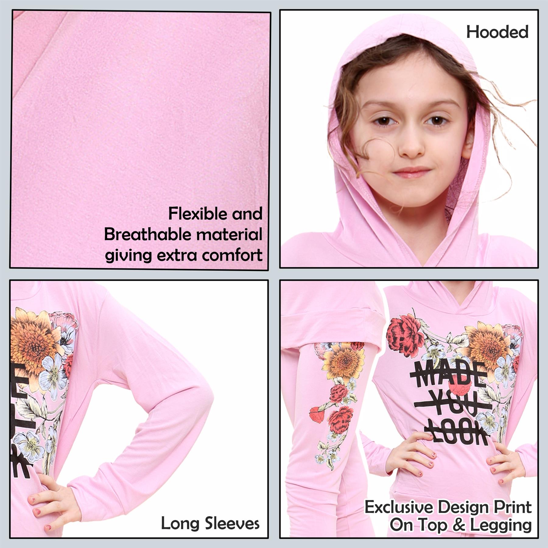 Girls Top Kids Made You Look Print Long Sleeves Hooded Top & Legging Set 5-13 Yr - Picture 6 of 21
