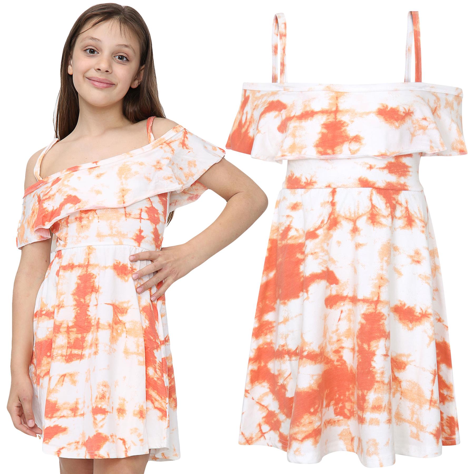 Girls Skater Dress Kids Plain Color Summer Party Off Shoulder Dresses 7-13 Yr - Picture 93 of 111