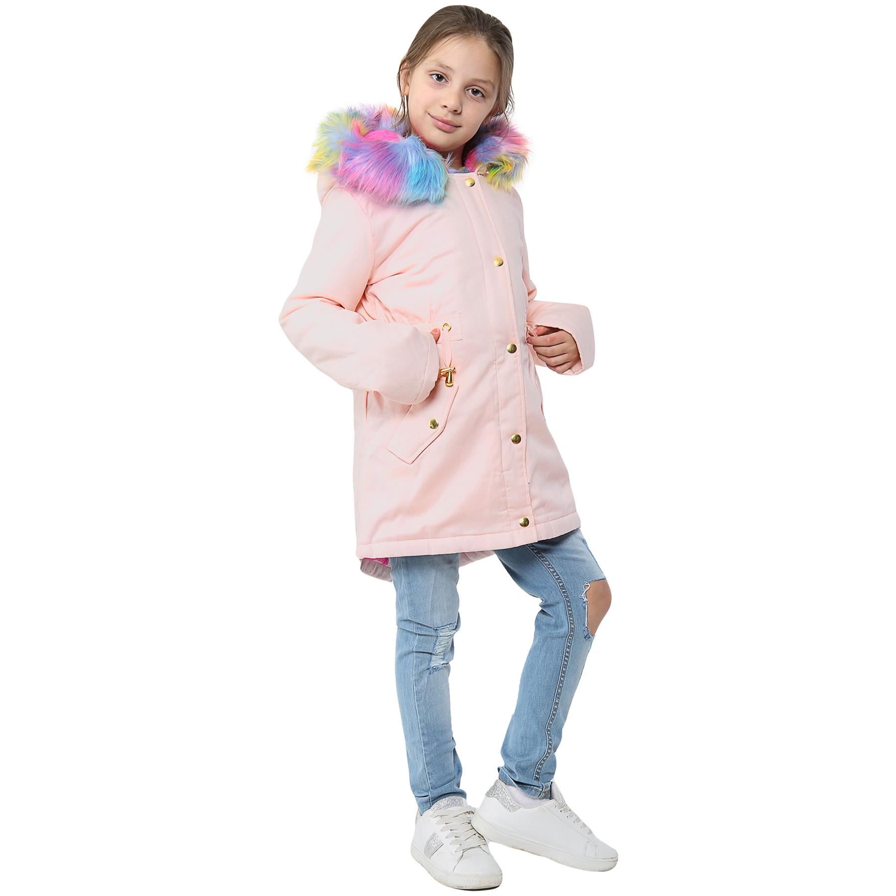 Kids Hooded Jacket Girls Rainbow Fur Parka School Jackets Outwear Coat 2-13 Year