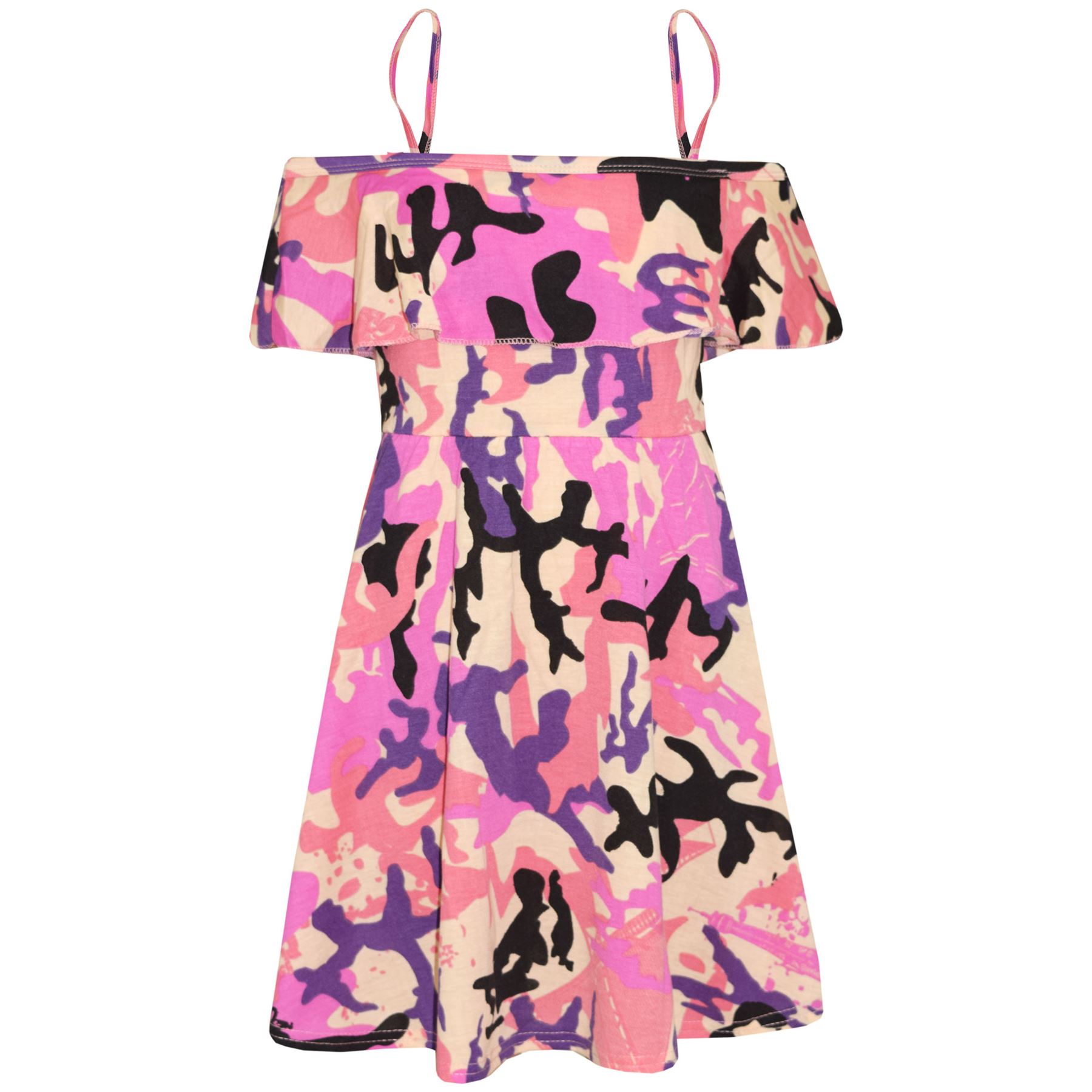 Girls Skater Dress Kids Camouflage Print Summer Party Off Shoulder Dresses 5-13Y - Picture 2 of 5