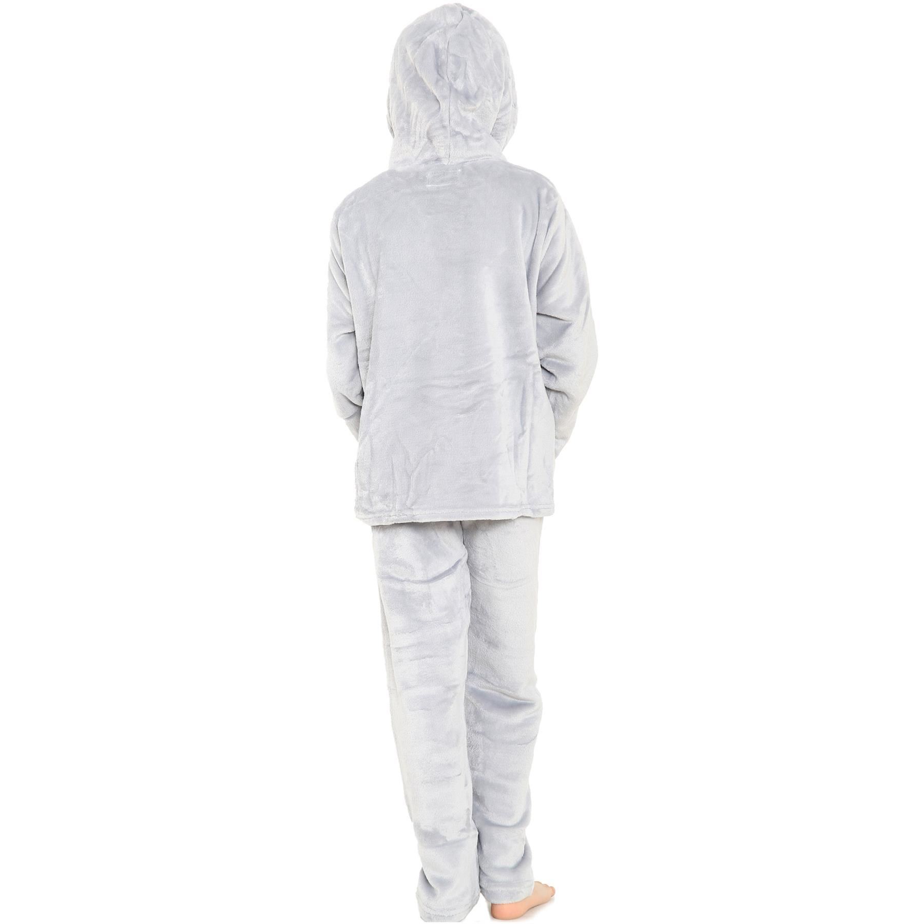 Kids Warm Fleece Hooded Pyjamas For Girls & Boys Sleepover 2 Piece Gift Set - Picture 17 of 31