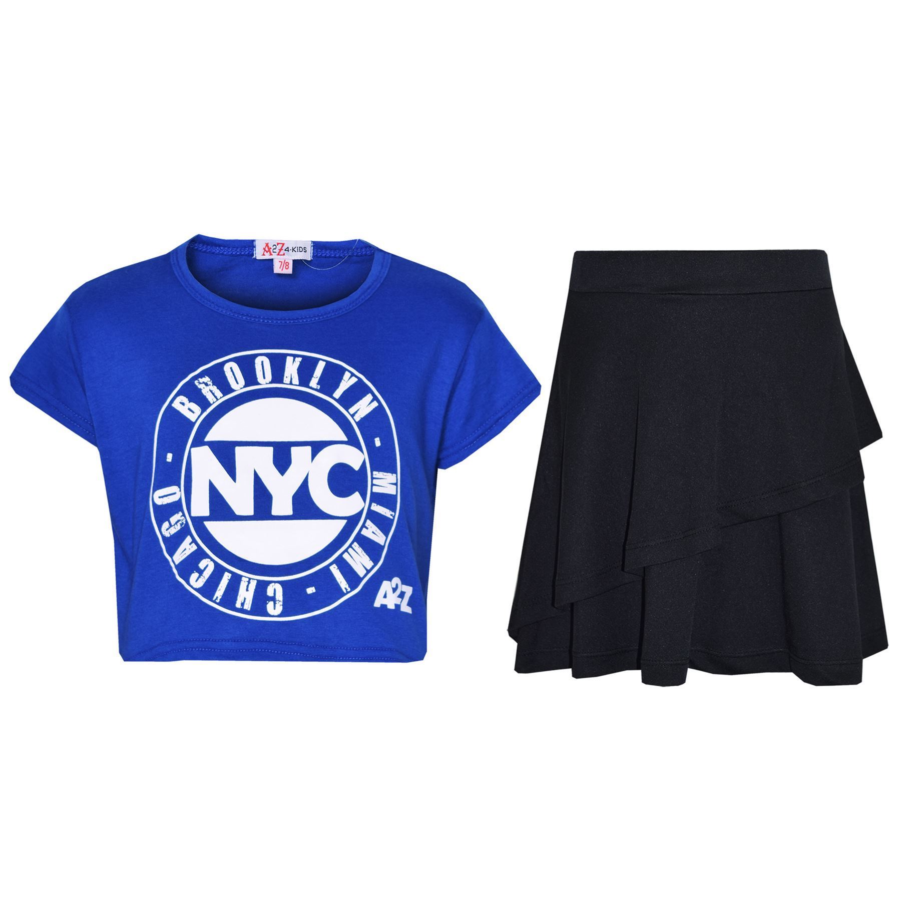 Kids Girls Crop Top And Fril Skirt Trendy Stylish Crew Neck Skater Skirt Set - Picture 32 of 41