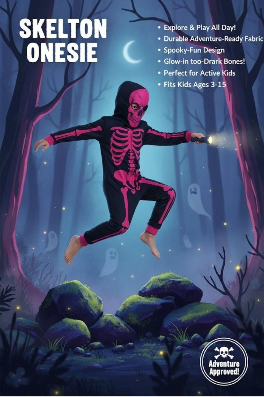 Kids Girls Boys Skeleton Print Neon Pink A2Z Onesie One Piece Halloween Costume - Picture 6 of 8