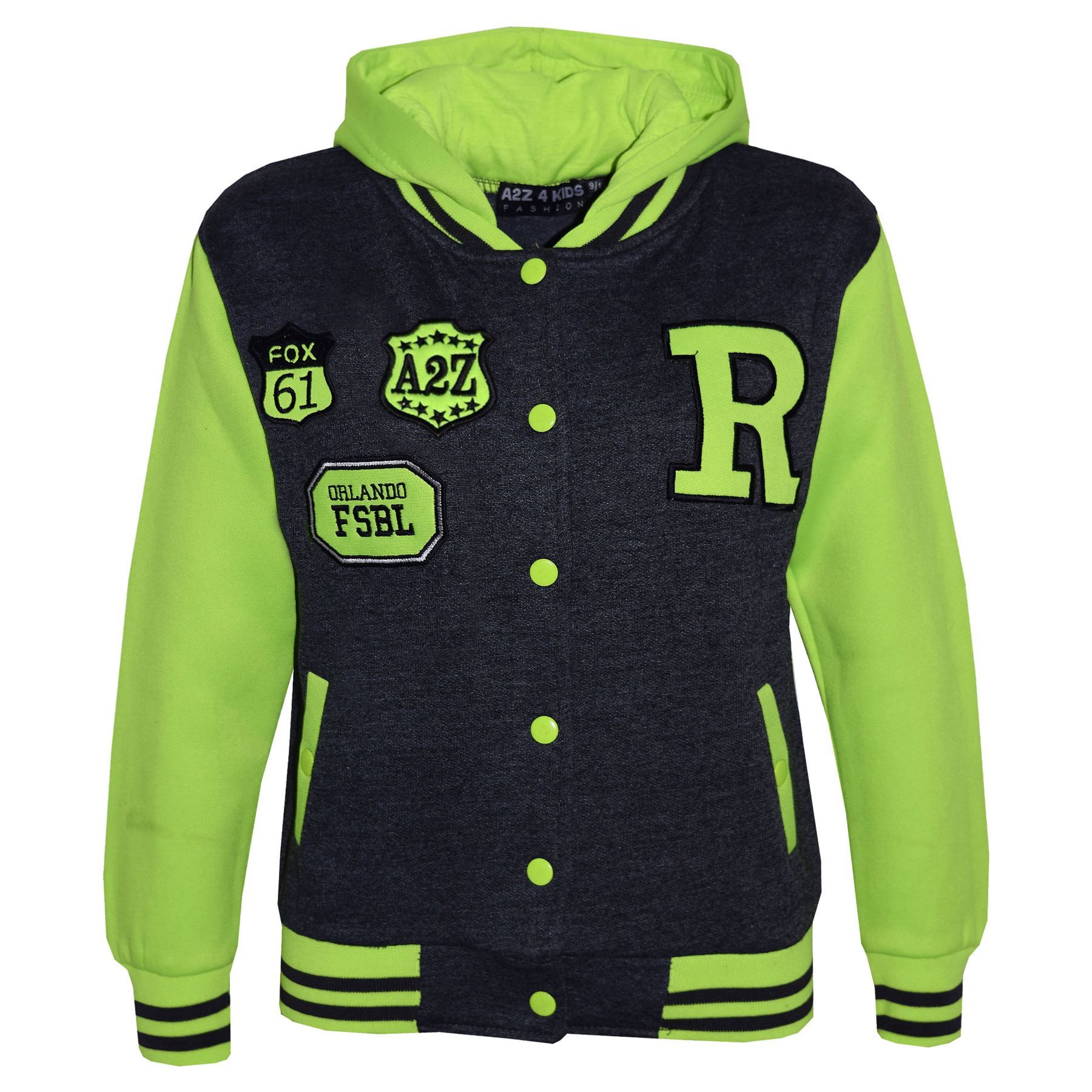 Kids Girls Boys R Baseball Charcoal Neon Green Hooded Top Jackets