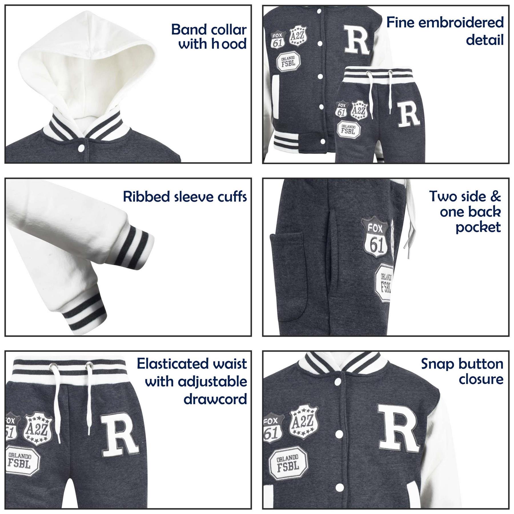 Kids Baseball Tracksuit Hooded Jacket With Joggers R Fashion FOX Varsity Style - Picture 33 of 55