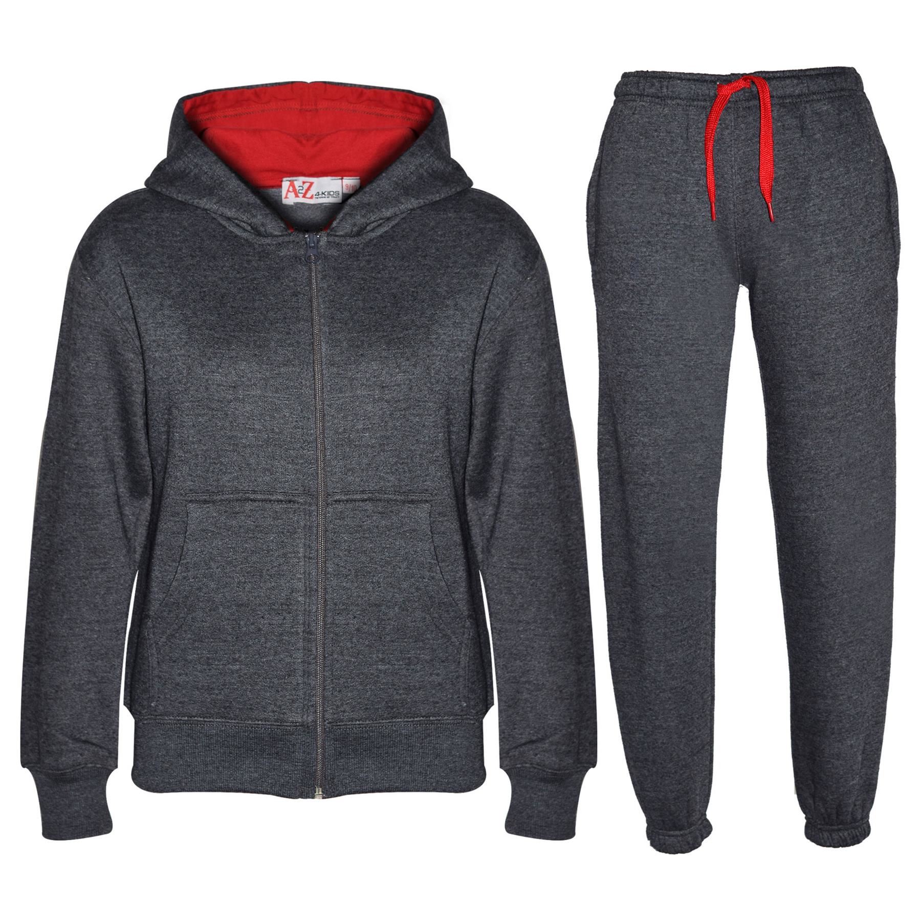 Kids Unisex Plain Tracksuit Contrast Hoodie with Joggers Sports Activewear Set - Picture 41 of 116