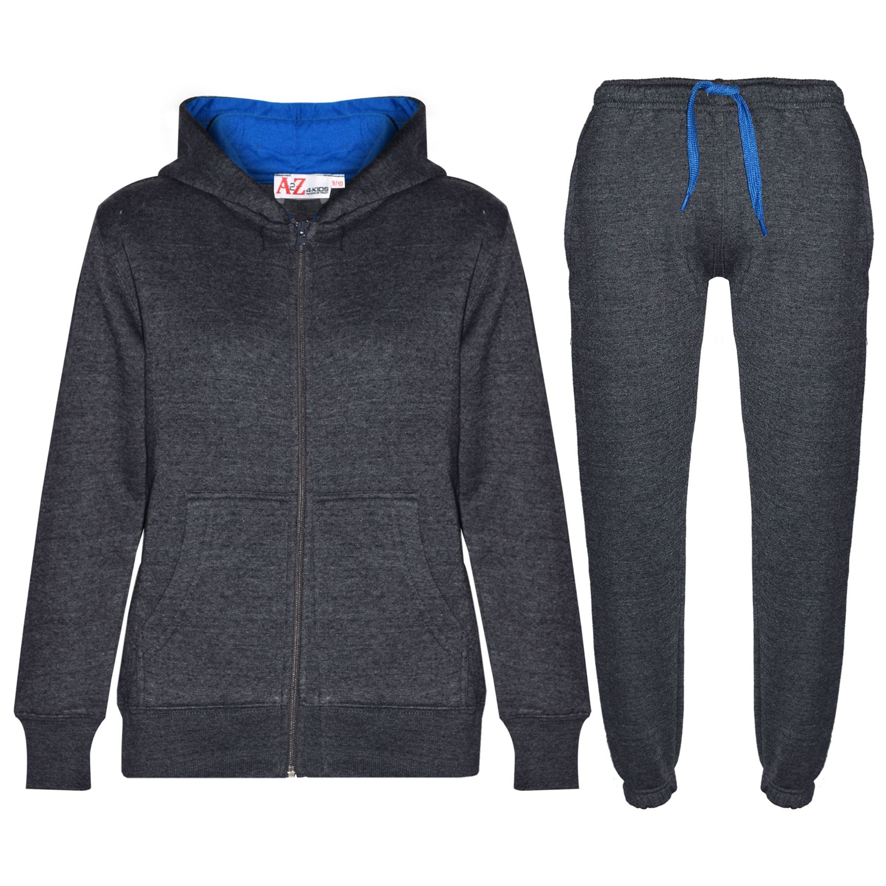 Kids Unisex Plain Tracksuit Contrast Hoodie with Joggers Sports Activewear Set - Picture 36 of 116
