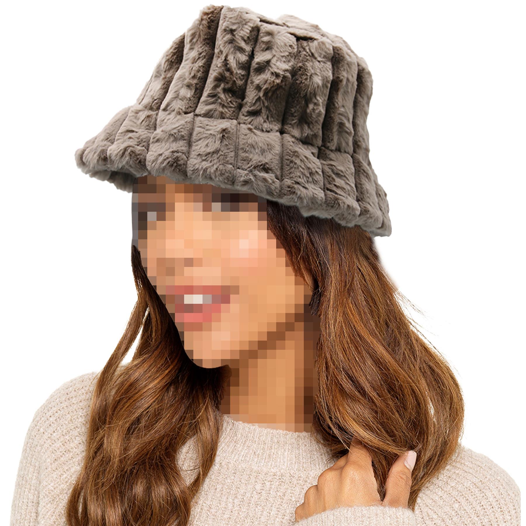 Ladies Bucket Hats Winter Warm Fluffy Stripe Faux Fur Soft 