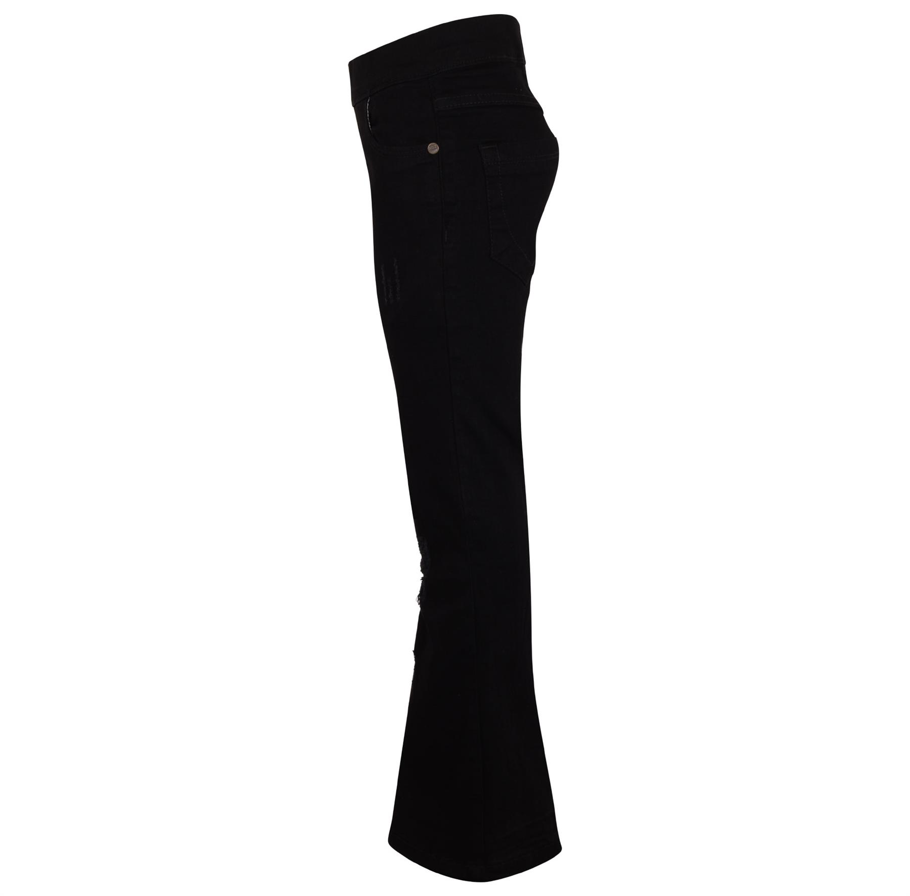 Kids Girls Denim Jeans Comfort Stretchy Flared Bell Bottom Jet Black Ripped Pant - Picture 5 of 8