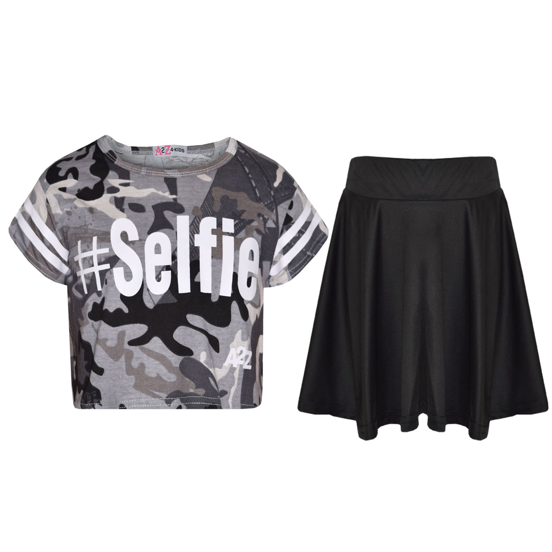 Girls Tops Kids Designer's #Selfie Camouflage Crop Top & Skater Skirt Set 5-13Yr - Picture 19 of 34