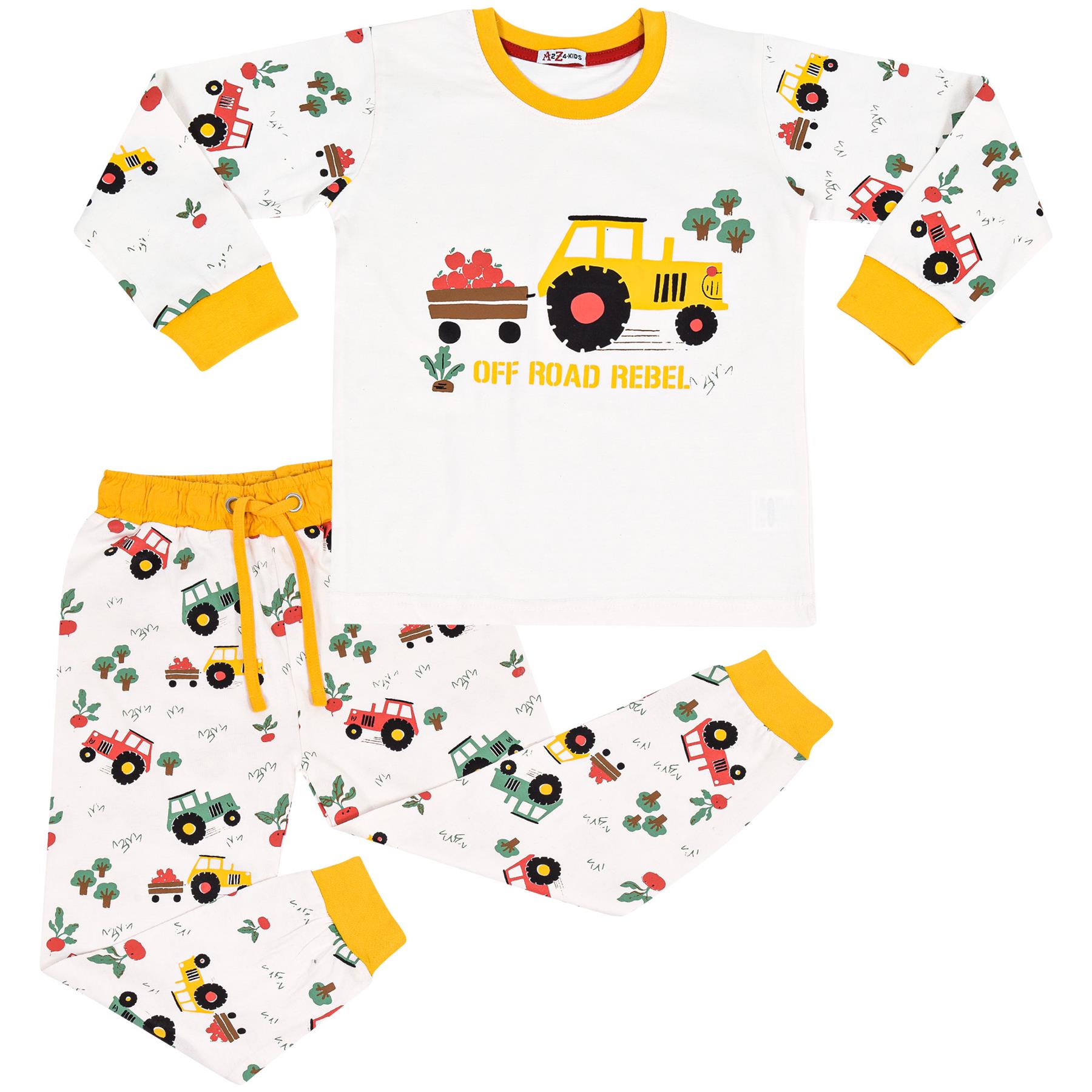 Kids Girls Boys Pyjamas Tractor Contrast Top Bottom Sleepwear Unisex Outfit Set - Picture 4 of 10