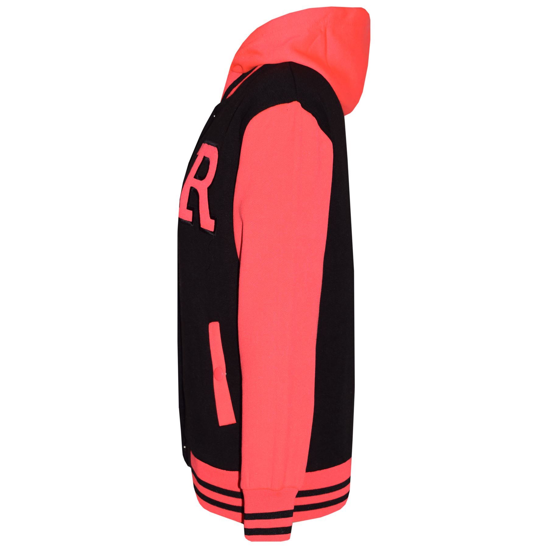Kids B.B Hooded Black & Neon Pink Baseball NYC FOX Jacket Varsity Coat Girls - Picture 4 of 5