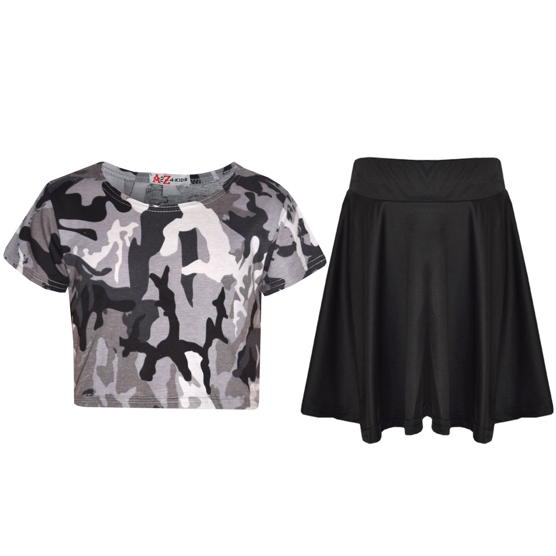A2Z Kids Camo Crop Top & Skater Skirt Set Summer Wear Girls Boys Age 5-13 Years - Picture 19 of 33