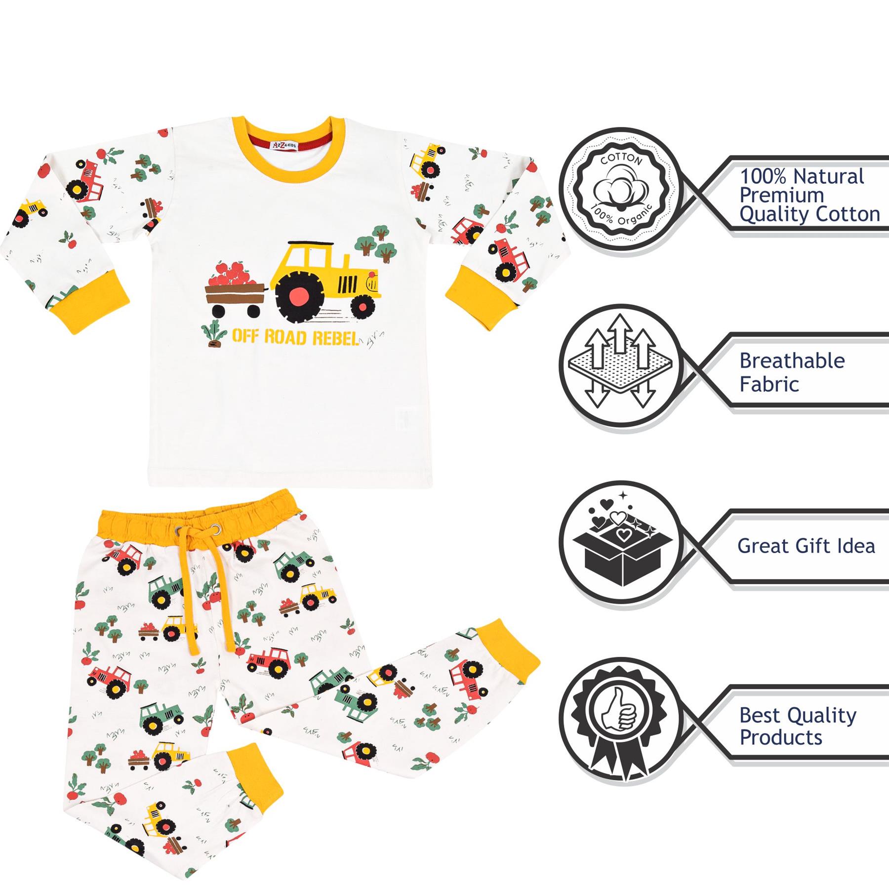 Kids Girls Boys Pyjamas Tractor Contrast Top Bottom Sleepwear Unisex Outfit Set - Picture 9 of 10