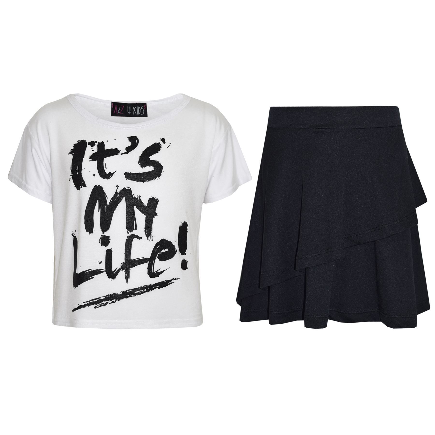 Kids Girls Crop Top And Fril Skirt Trendy Stylish Crew Neck Skater Skirt Set - Picture 11 of 41