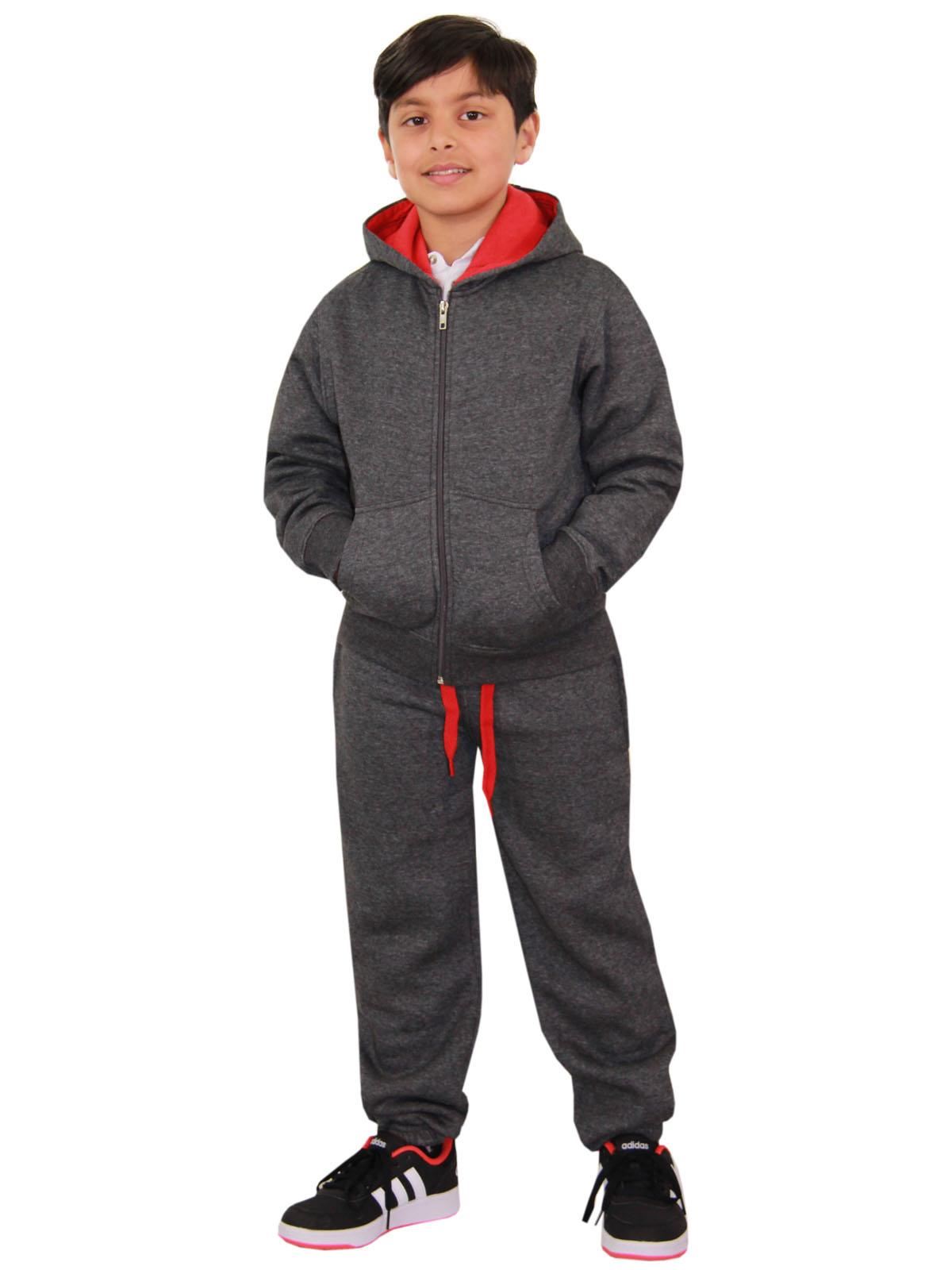 Kids Unisex Plain Tracksuit Contrast Hoodie with Joggers Sports Activewear Set - Picture 40 of 116