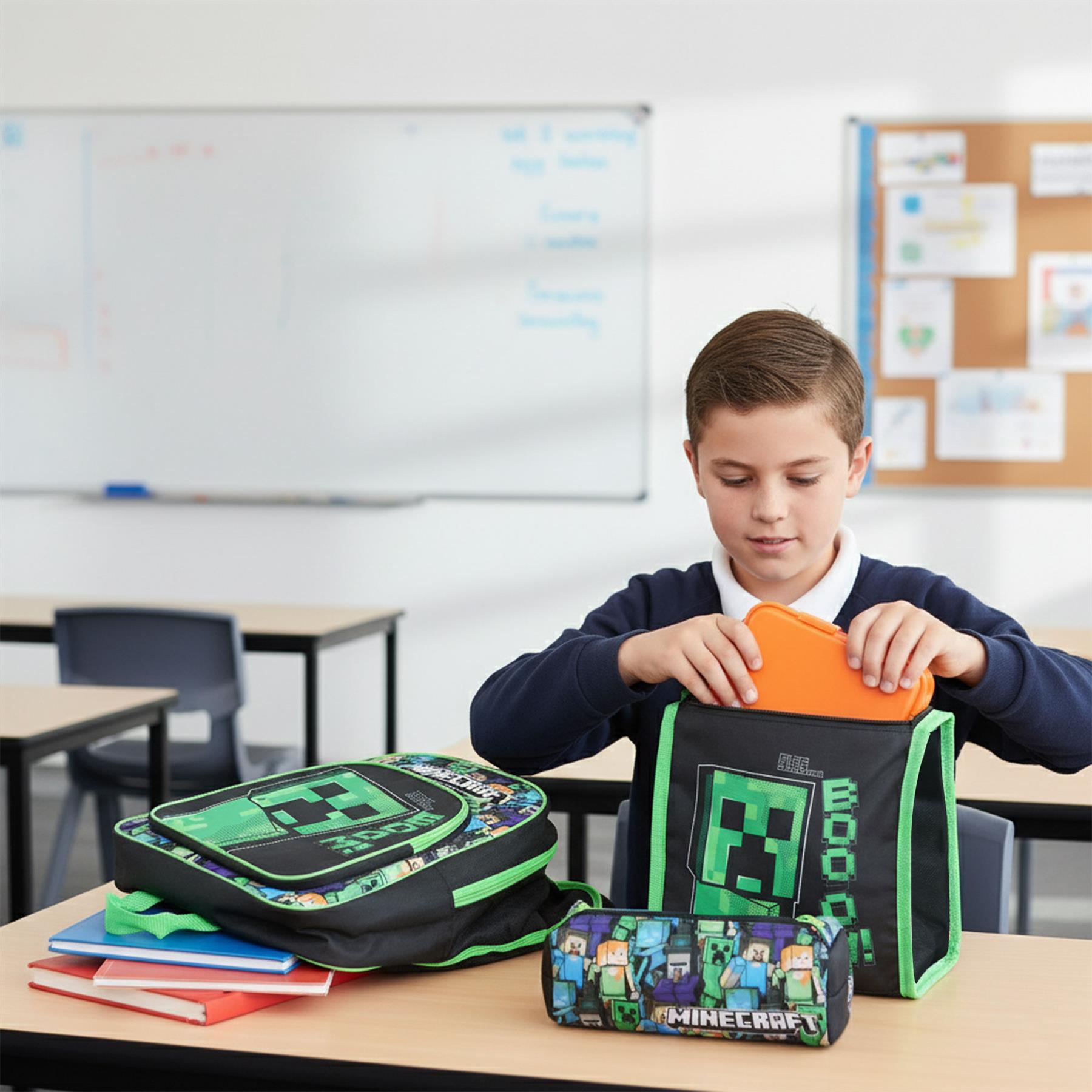 Minecraft 3 Pezzi Set Scuola per Bambini Licenza Ufficiale Zaino Pranzo Borsa - Foto 3 di 7