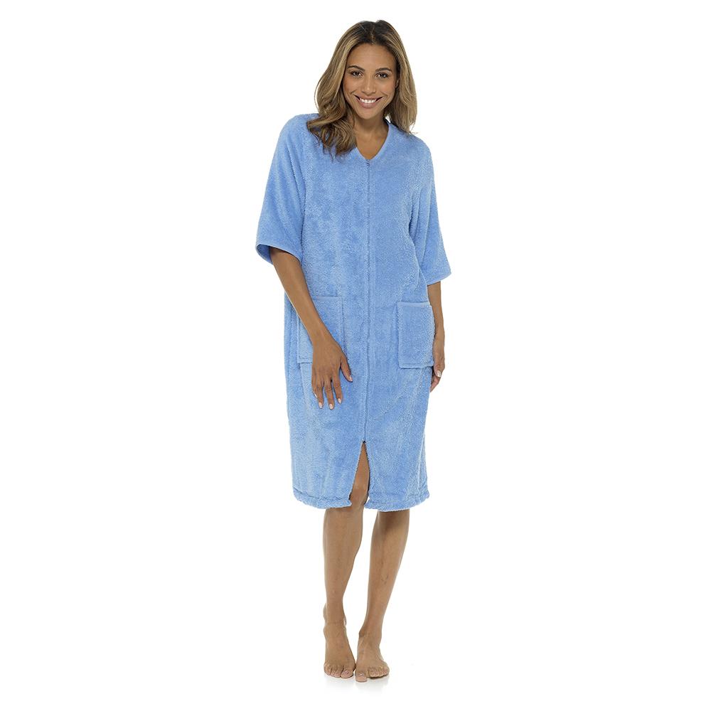 Ladies Towelling Robe Short Sleeve YKK Zip Crew Neck with Front Pocket Housecoat