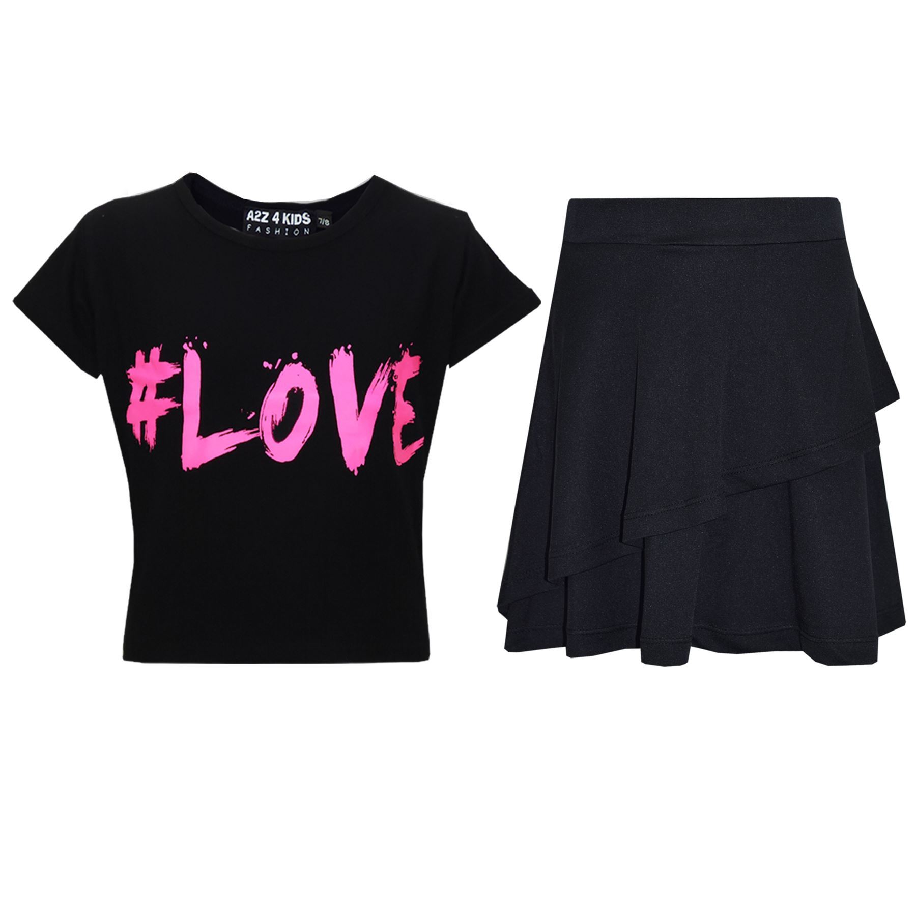 Kids Girls Crop Top And Fril Skirt Trendy Stylish Crew Neck Skater Skirt Set - Picture 3 of 41
