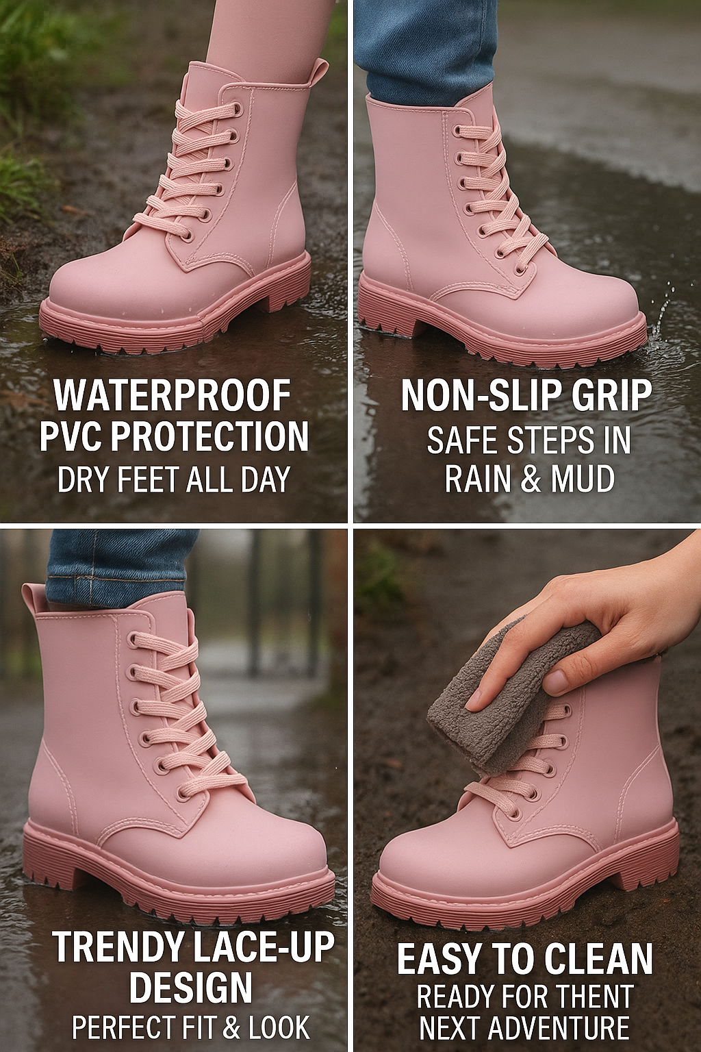 A2Z Womens Wellington Boots Lace Up Pink Waterproof PVC Rain Shoes Ankle Wellies - Picture 4 of 8