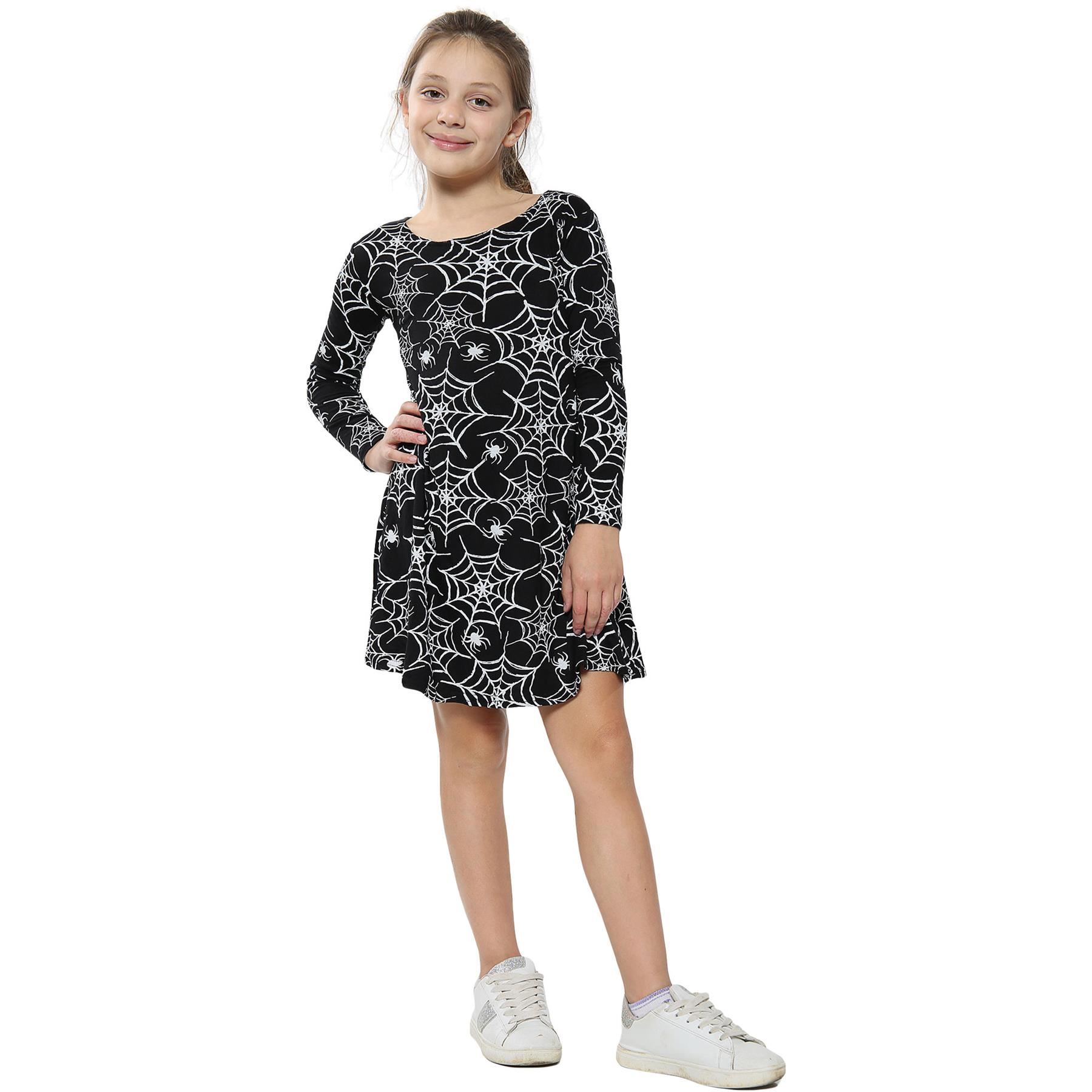 Girls Halloween Dresses Spider Web Skater Swing Dress Fancy Costume Legging - Picture 9 of 15