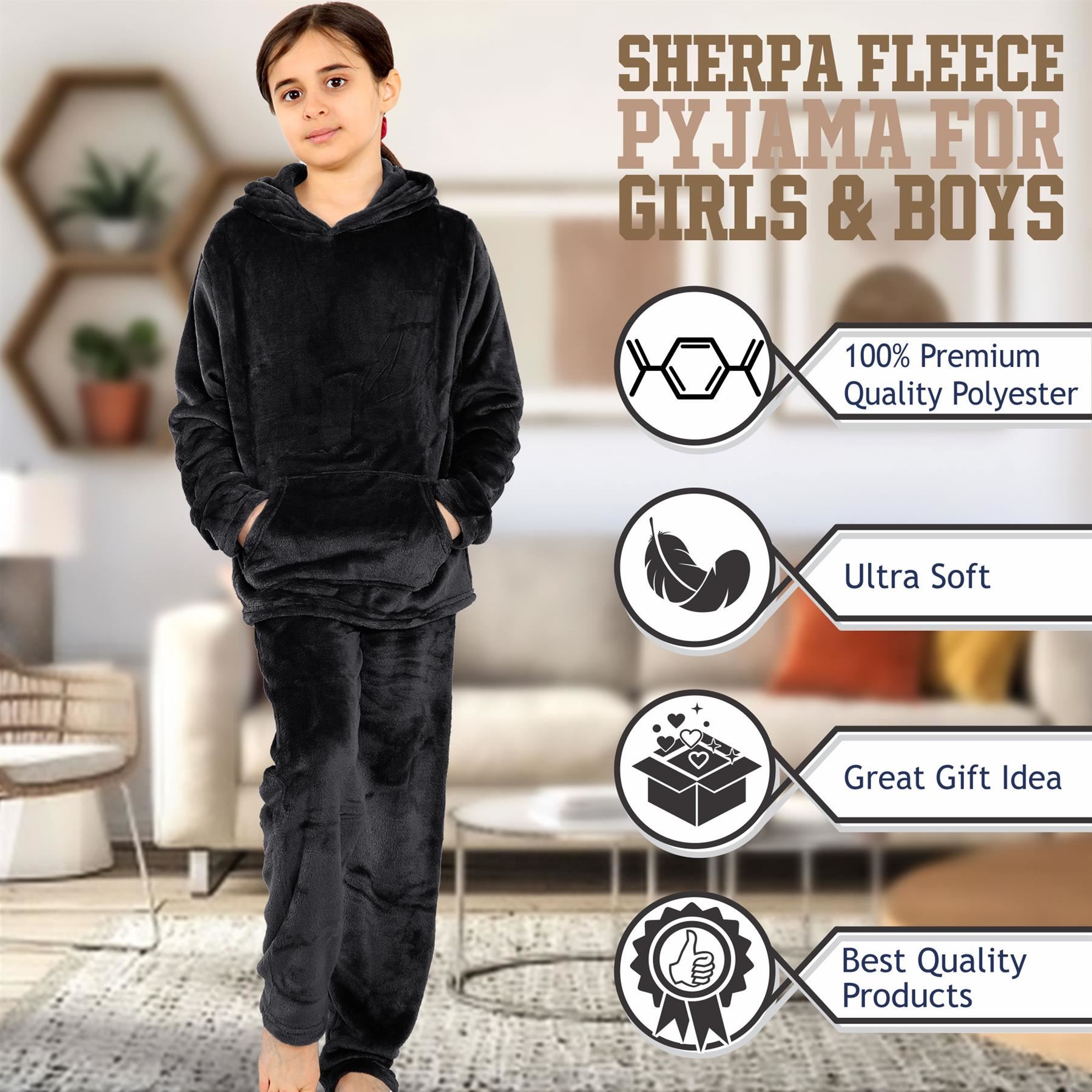 Kids Warm Fleece Hooded Pyjamas For Girls & Boys Sleepover 2 Piece Gift Set - Picture 7 of 31