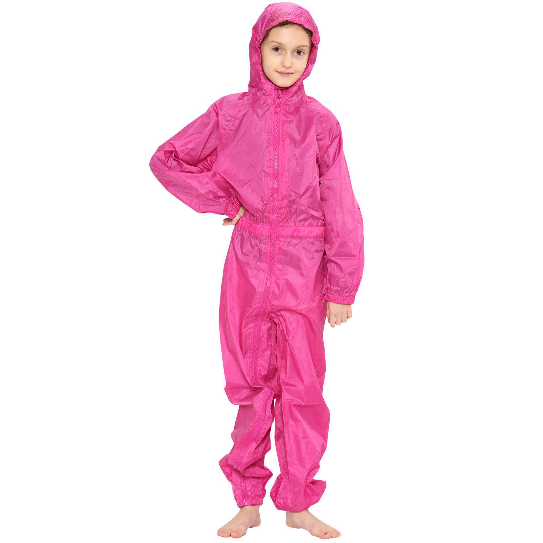 Girls Boys Raincoat Kids Pink Puddle Suit All in One Waterproof Hooded Rainsuit - Picture 3 of 8