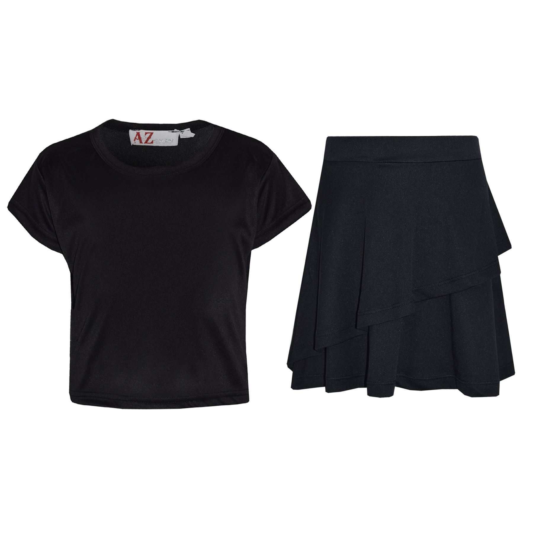 Kids Girls Crop Top And Fril Skirt Trendy Stylish Crew Neck Skater Skirt Set - Picture 26 of 41